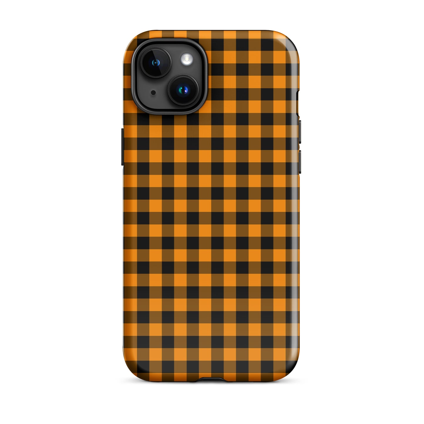 Black-and-orange gingham phone case for iPhone with autumn theme, luxury design and durable craftsmanship.