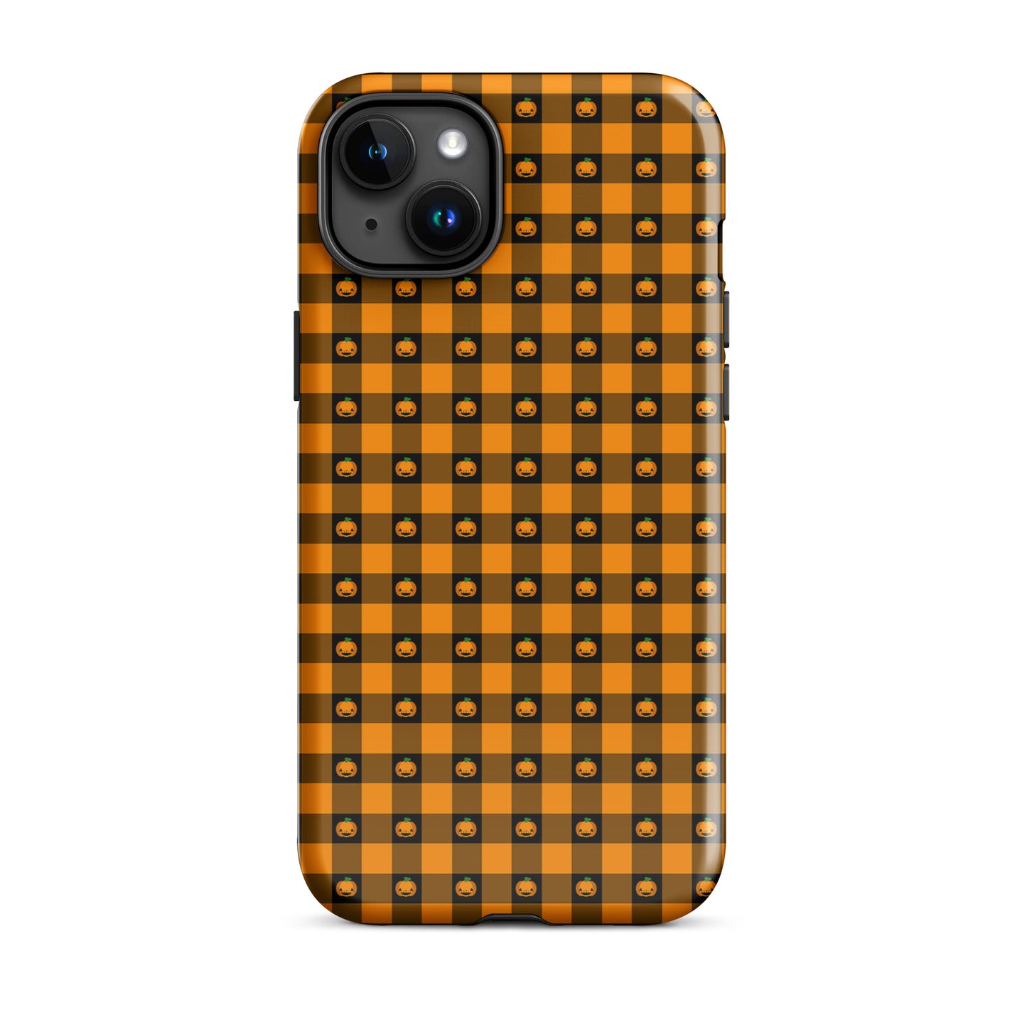 Phone Case for iPhone with playful pumpkin gingham Halloween design, featuring jack-o'-lantern faces on a bold orange and black pattern.