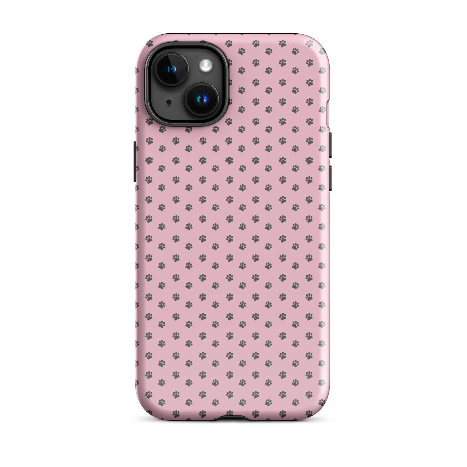 Phone Case for iPhone with playful dark gray paw prints on pink background, offering stylish protection and pet-loving charm.