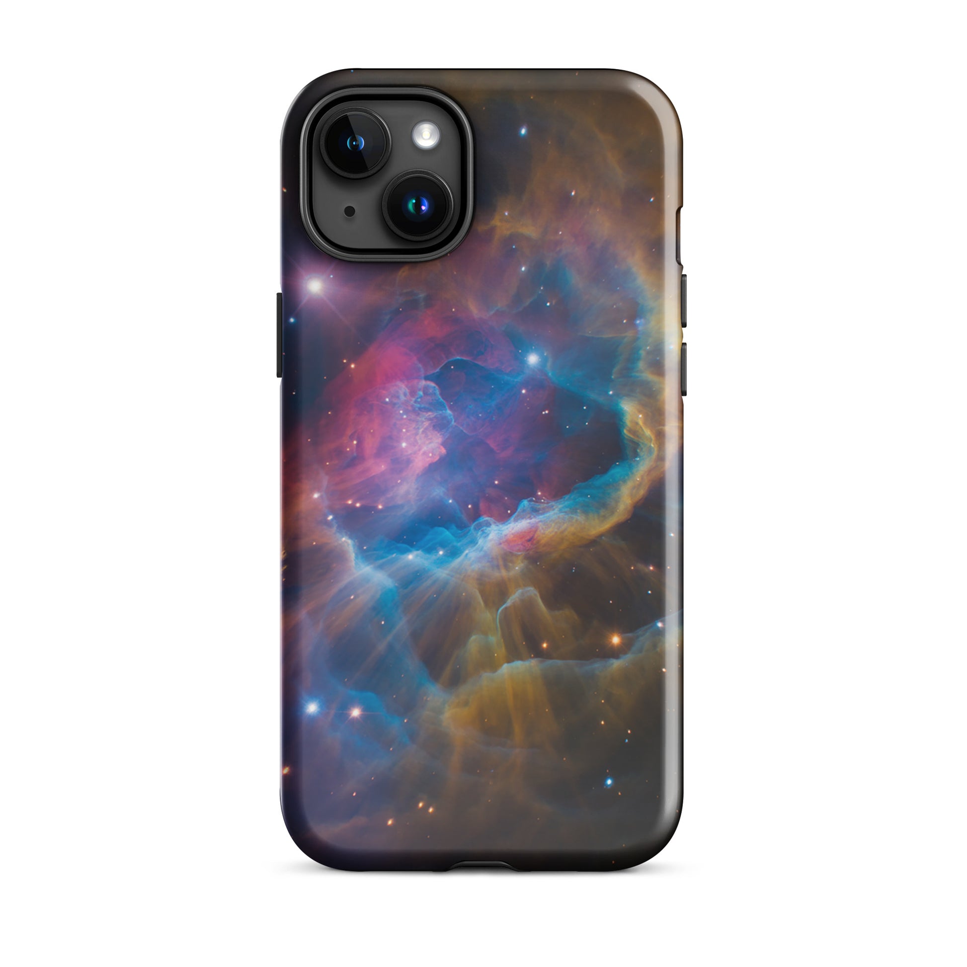 Phone Case for iPhone with Nebula Cosmic Dreamscape Starburst design, featuring swirling nebula in vibrant blues, oranges, and pinks.