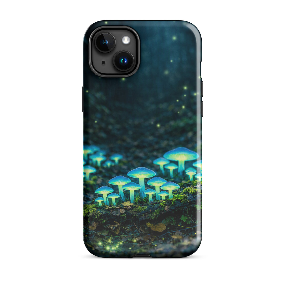 Phone Case for iPhone featuring glowing blue-green forest mushrooms, creating a mystical woodland scene with bioluminescent details.