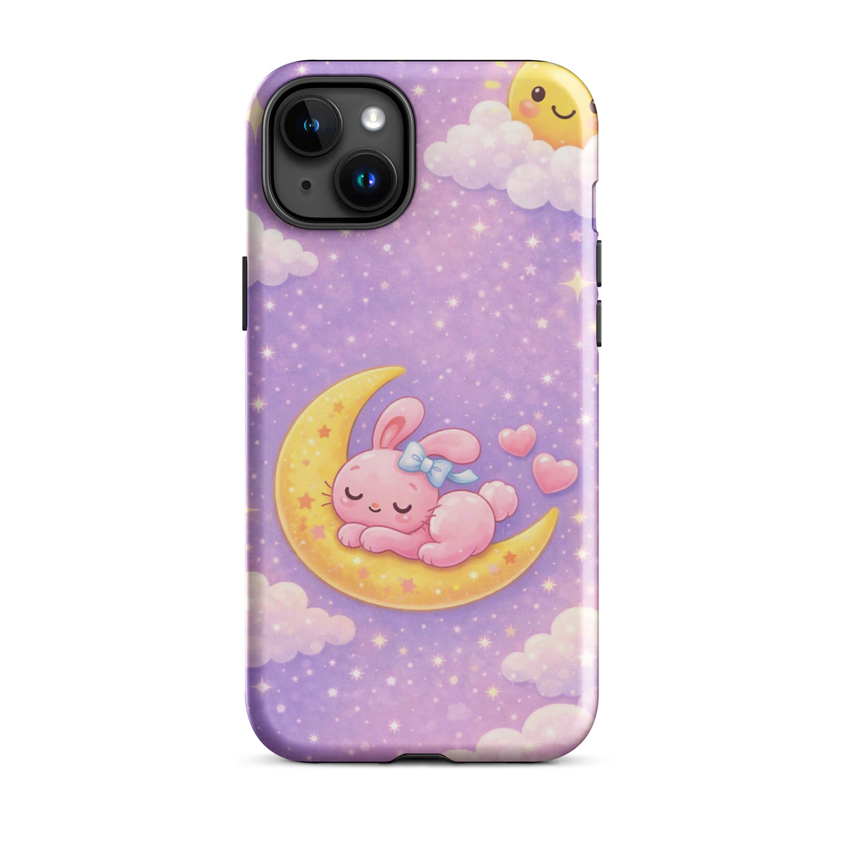 Phone Case for iPhone with cute bunny sleeping on a crescent moon design, featuring stars and pastel sky. Cozy and dreamy art style.