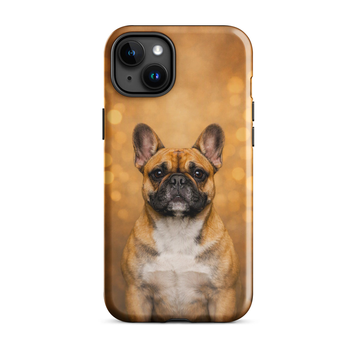 Phone Case featuring French Bulldog portrait against warm golden bokeh background, capturing charm and sophistication for iPhone.