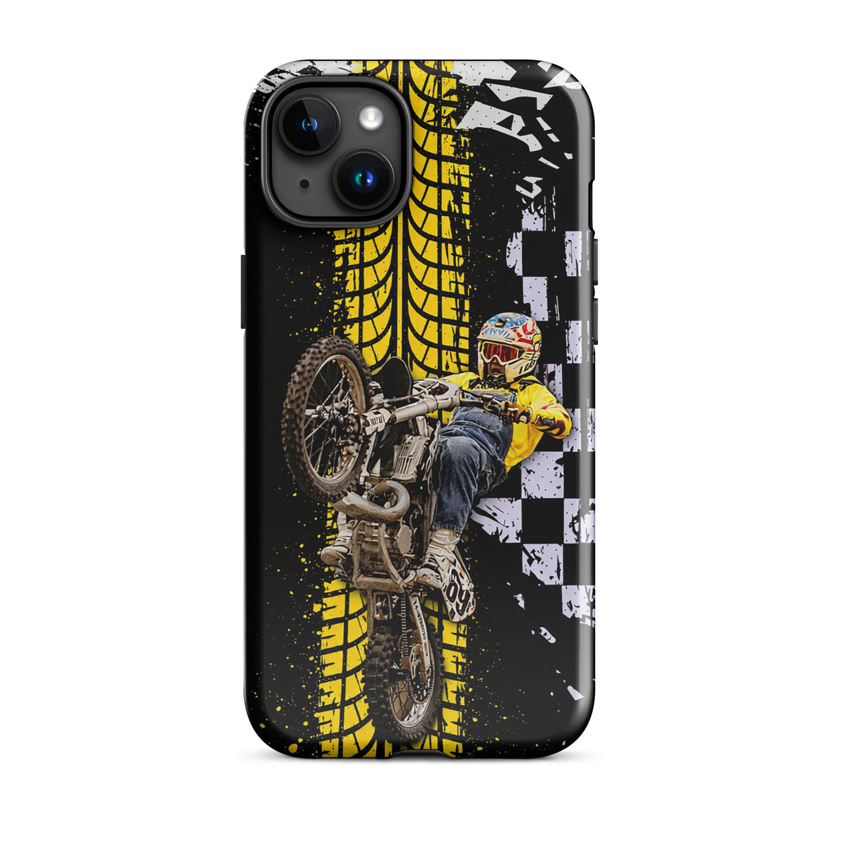Phone Case featuring Ronnie Mac air-wheelie, with black, white, and yellow motocross design, tire marks, and checkerboard pattern.