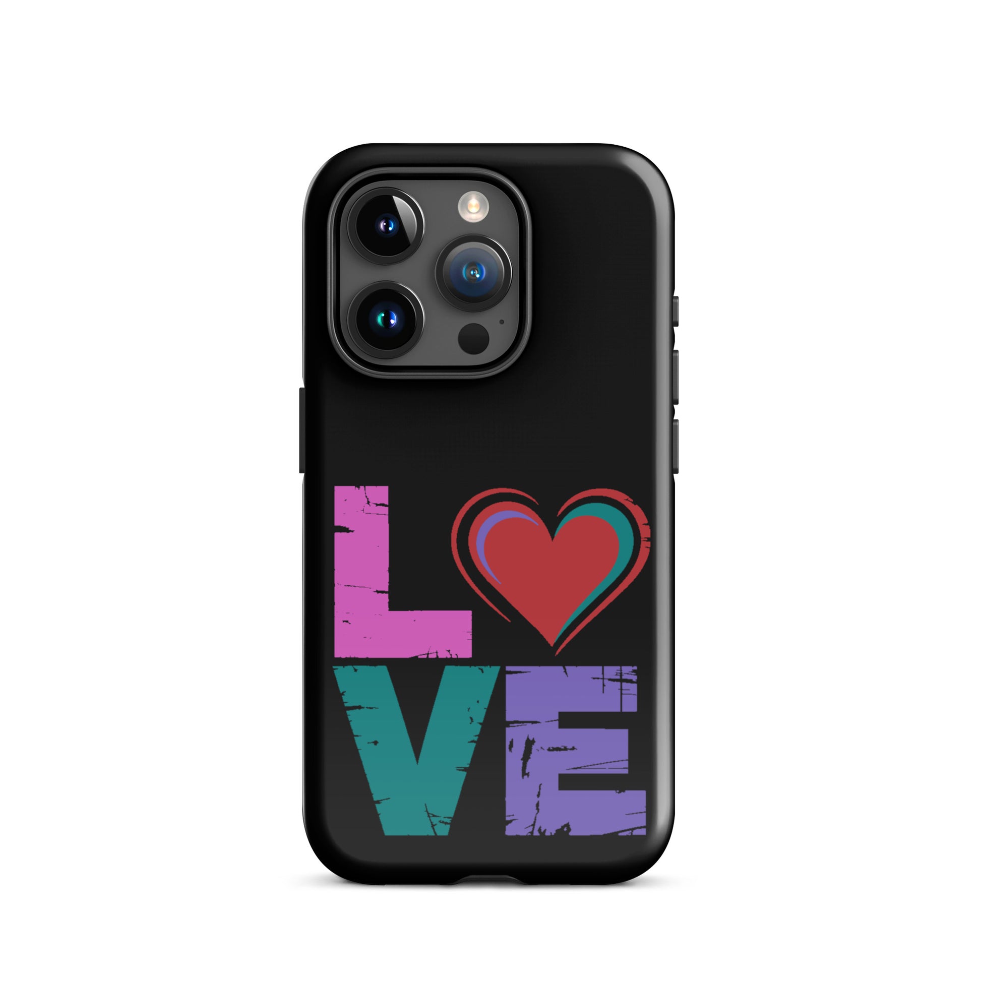 Love Tough Dual Layered Case for iPhones featuring colorful 'LOVE' design with heart.