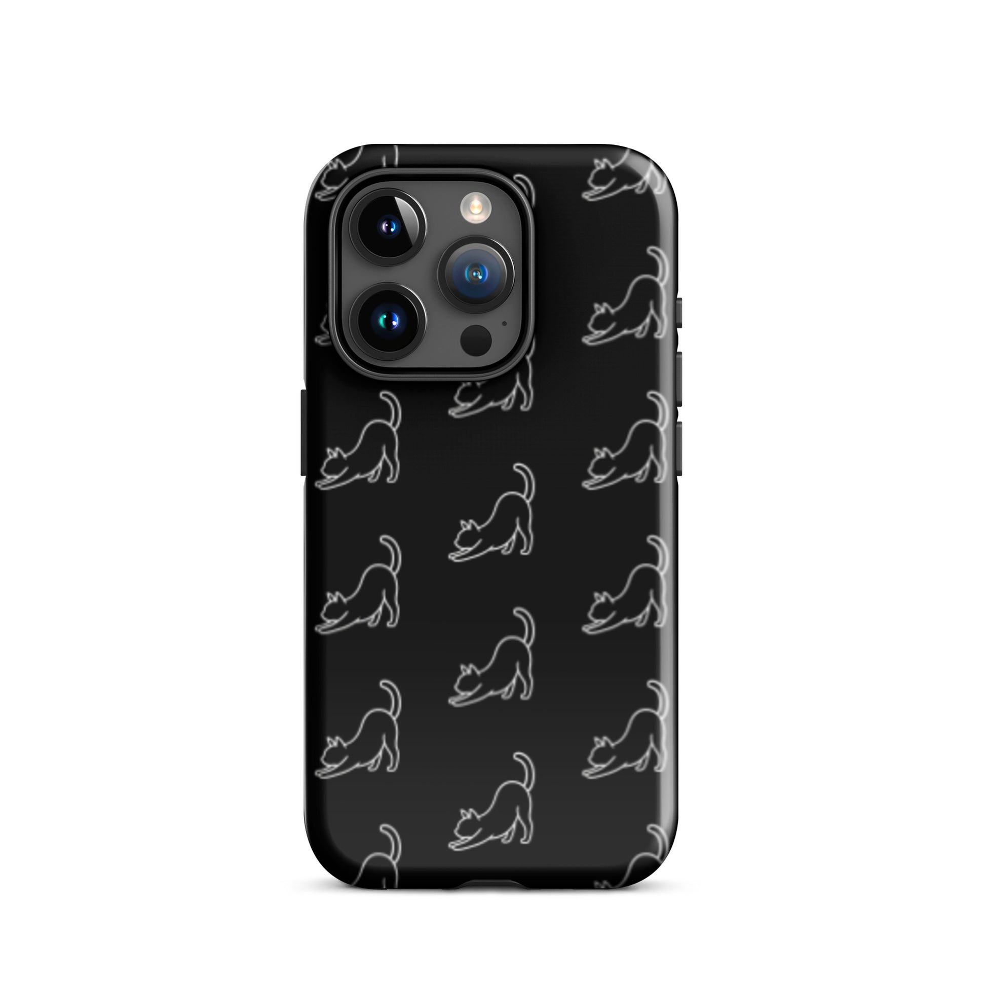 Phone Case for iPhone featuring a minimalist stretching cat pattern on a sleek black background.