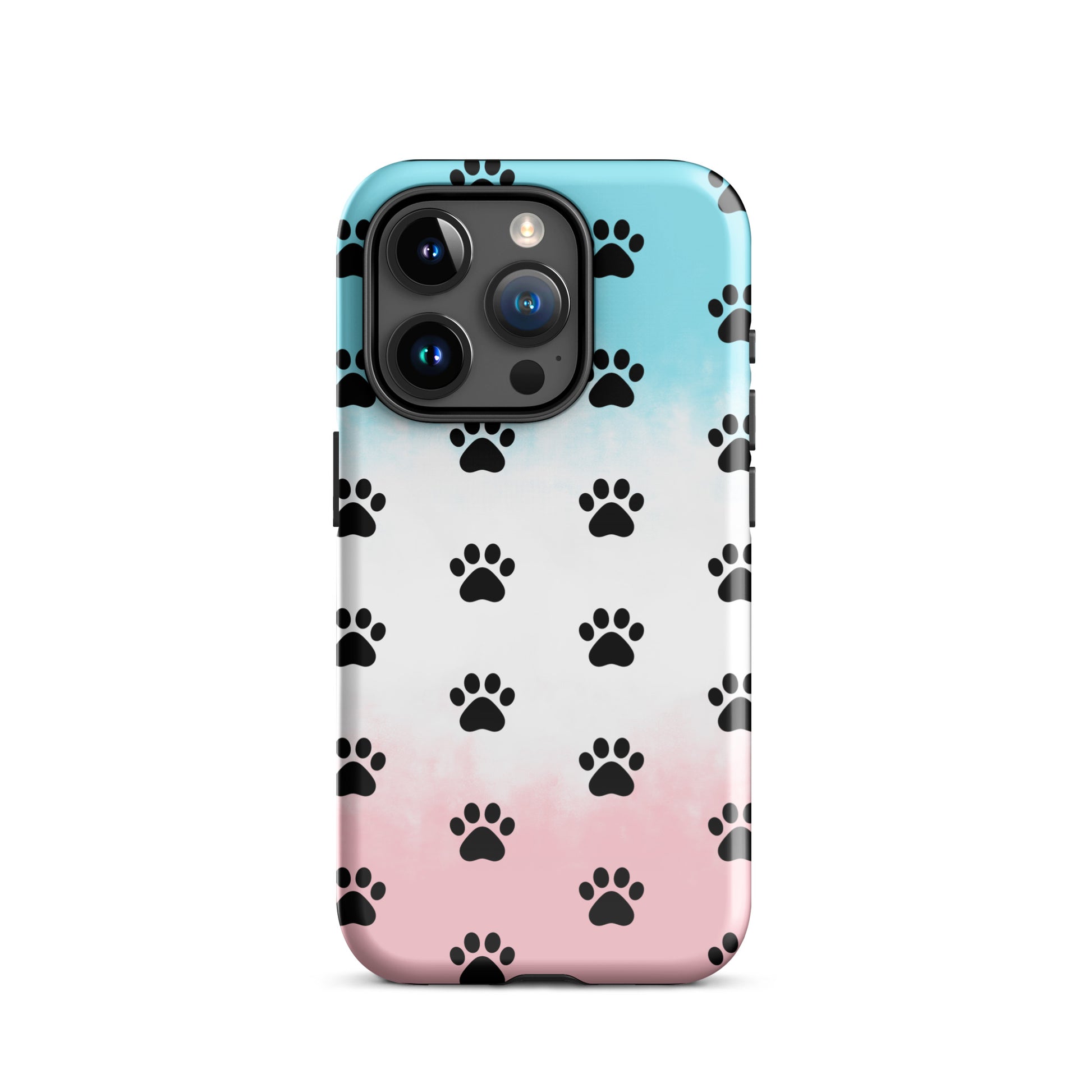 Phone Case for iPhone with playful paw print pattern in black on a gradient background of blue and pink.