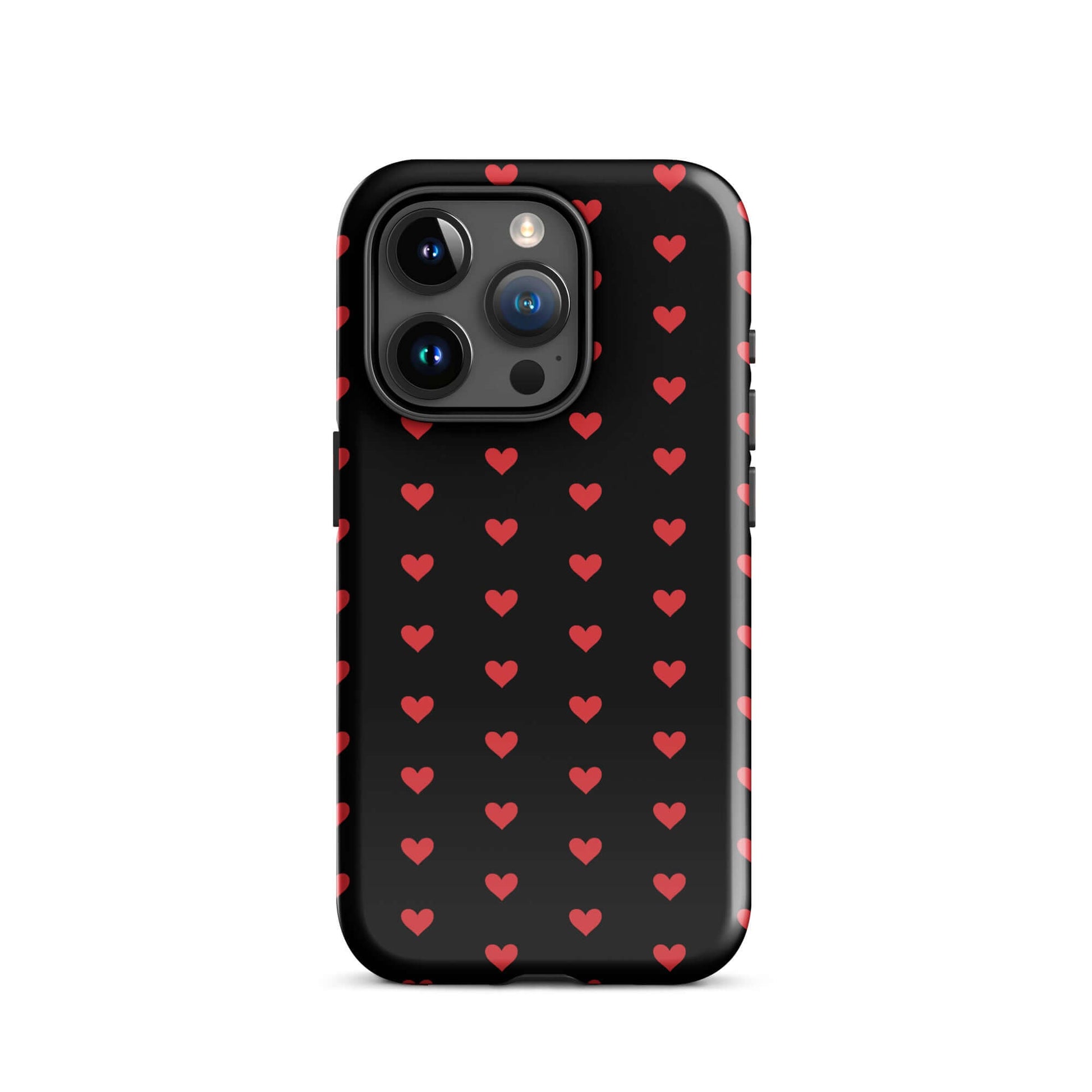 Phone Case for iPhone featuring fiery red hearts on a black background, offering luxury protection and style.