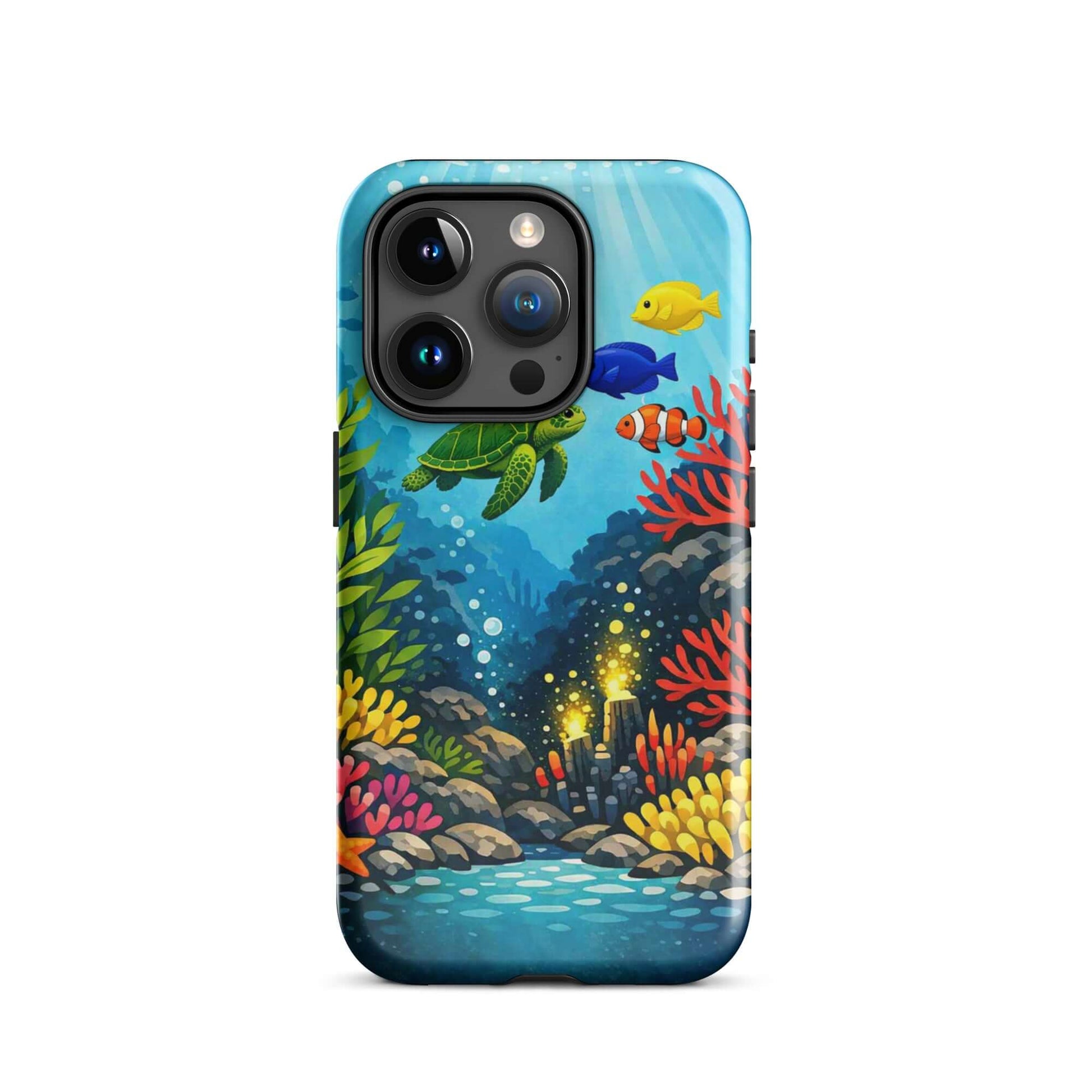 Phone case featuring vibrant sea turtle and coral reef design with colorful underwater scenes.