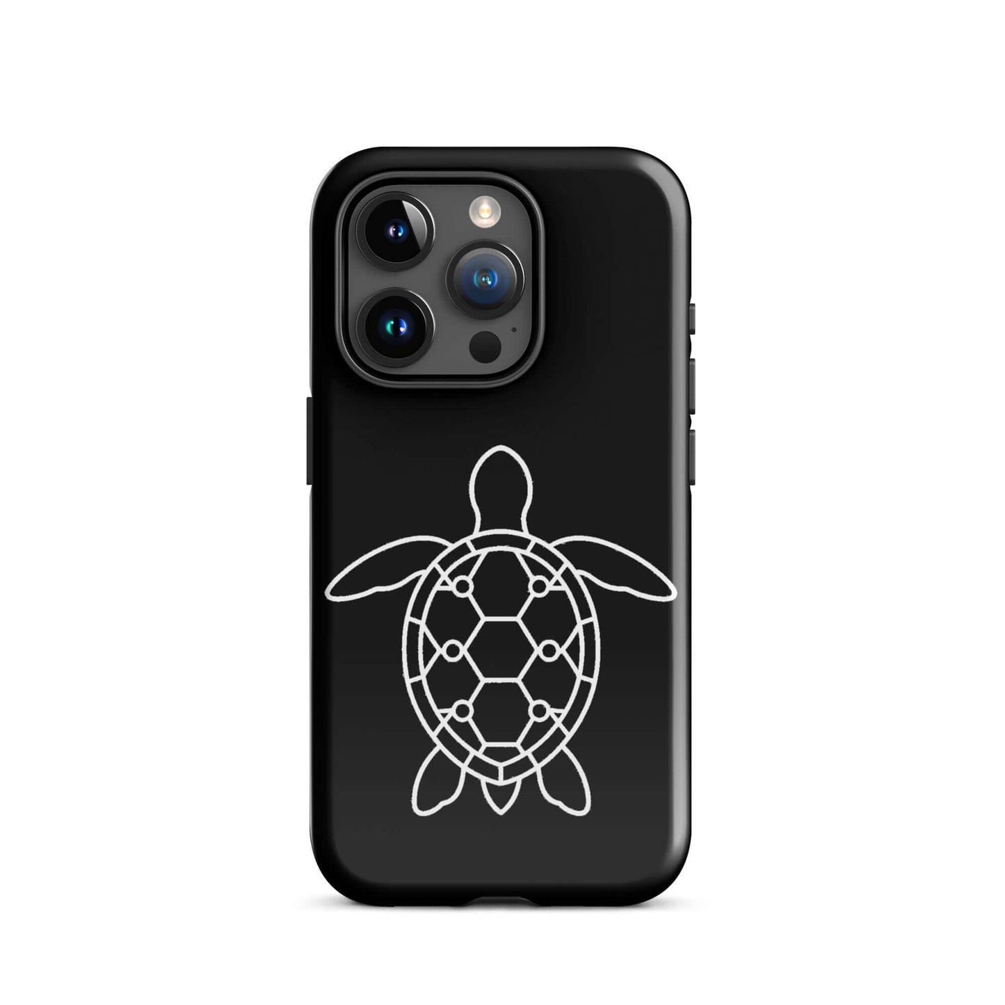 Phone case featuring a minimalist sea turtle silhouette with a geometric pattern on a sleek black background.