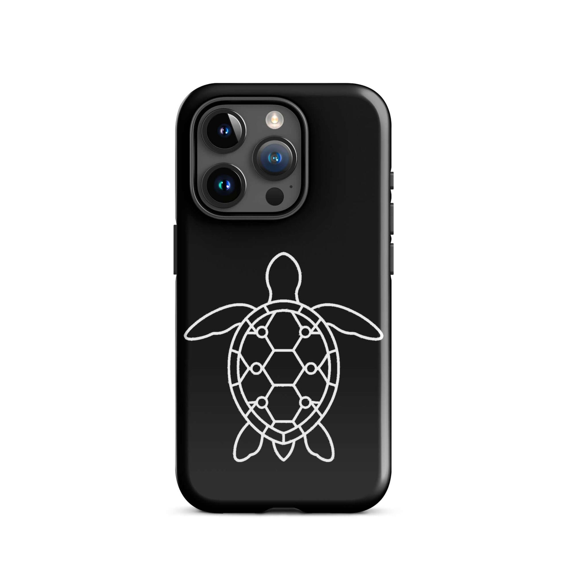 Phone case featuring a minimalist sea turtle silhouette with a geometric pattern on a sleek black background.