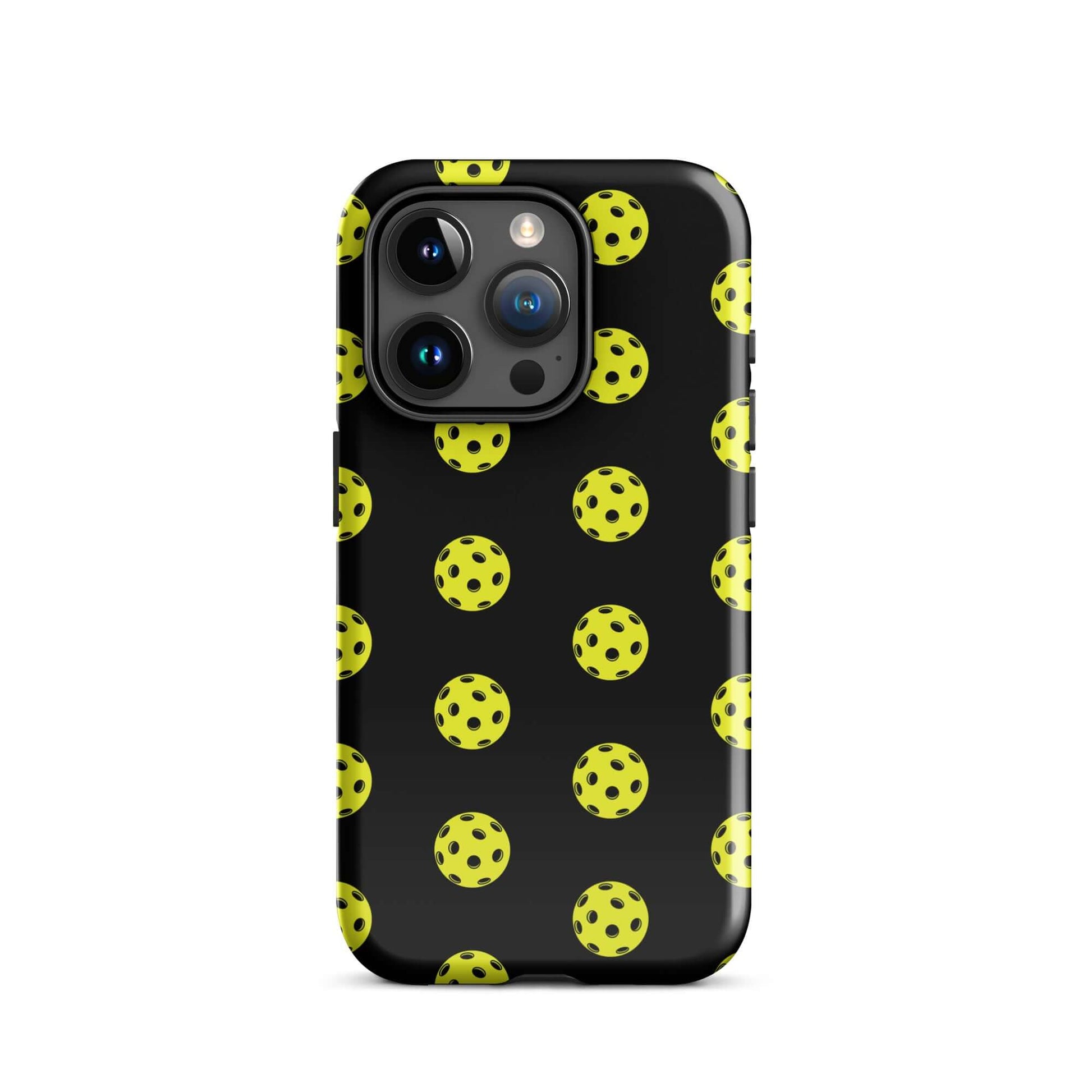 Phone Case featuring a playful pickleball pattern on a sleek black background, perfect for sports enthusiasts.