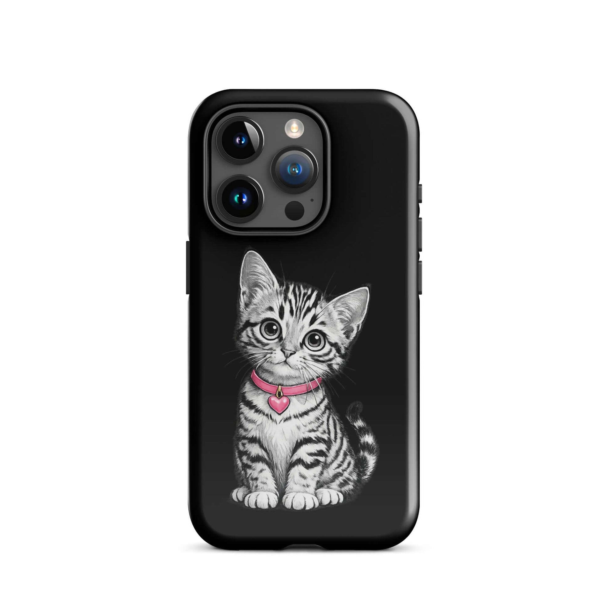 Phone Case with pencil sketch kitten and pink heart charm for iPhone.