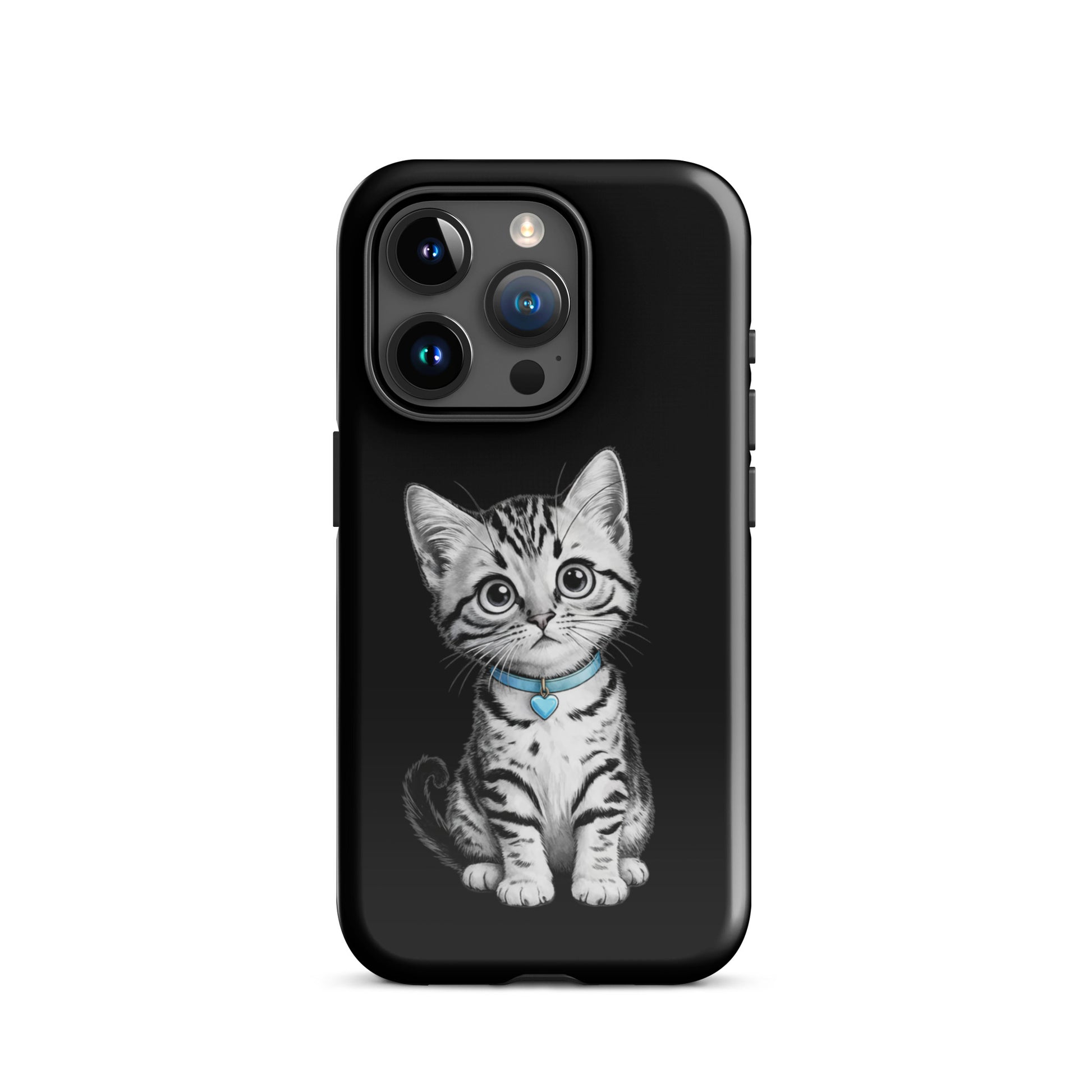 Phone Case for iPhone with kitten sketch and blue heart charm, black and white design, premium protection and artistic style.
