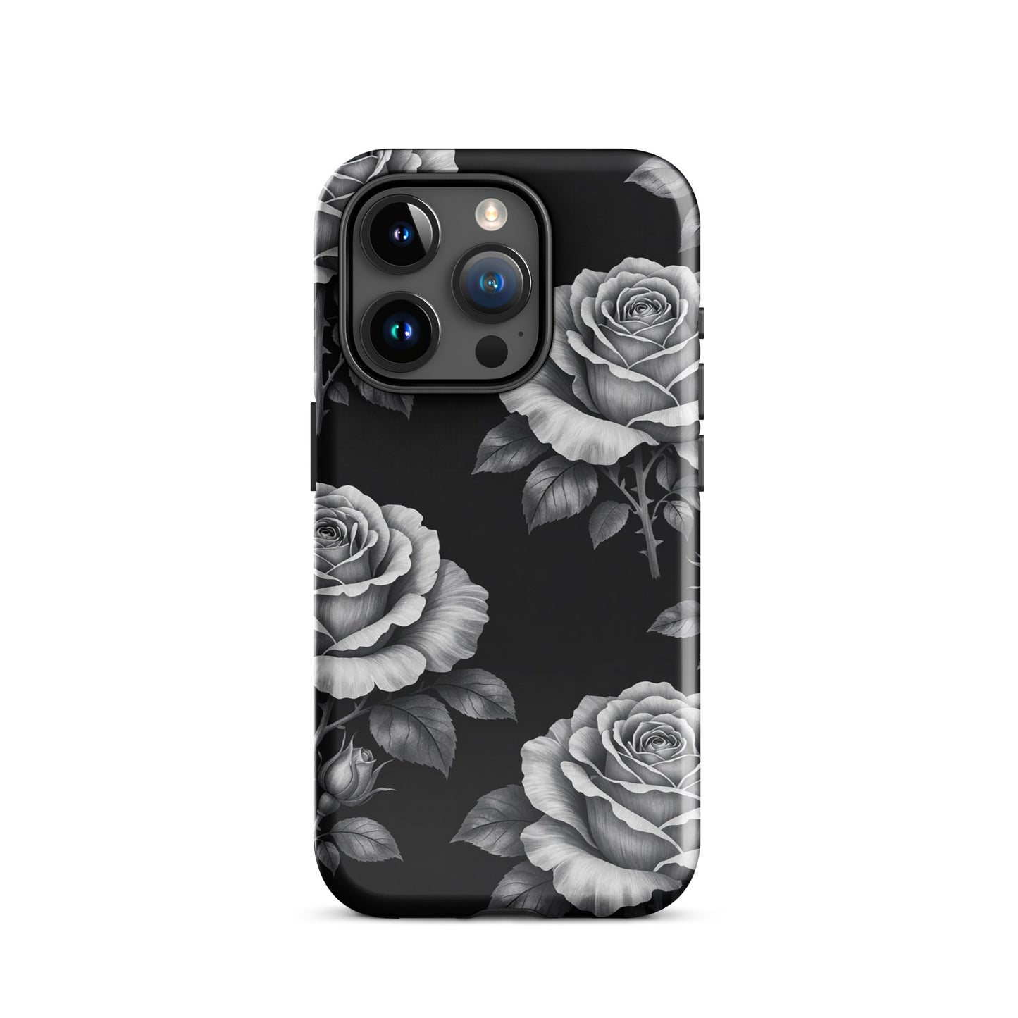 Phone Case for iPhone: Rose Garden Tough Case with hand-sketched floral design on black background, featuring elegant roses.