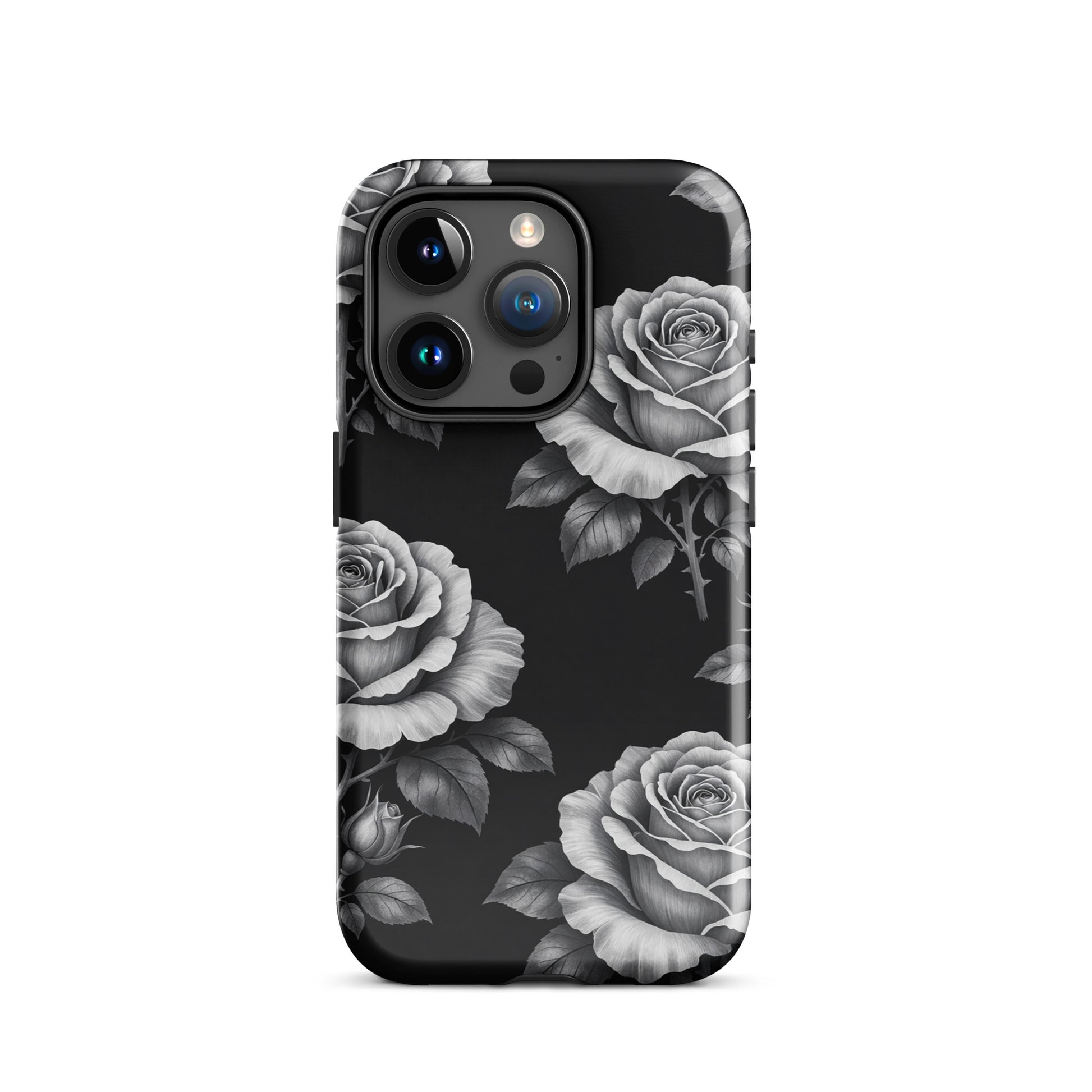 Phone Case for iPhone: Rose Garden Tough Case with hand-sketched floral design on black background, featuring elegant roses.