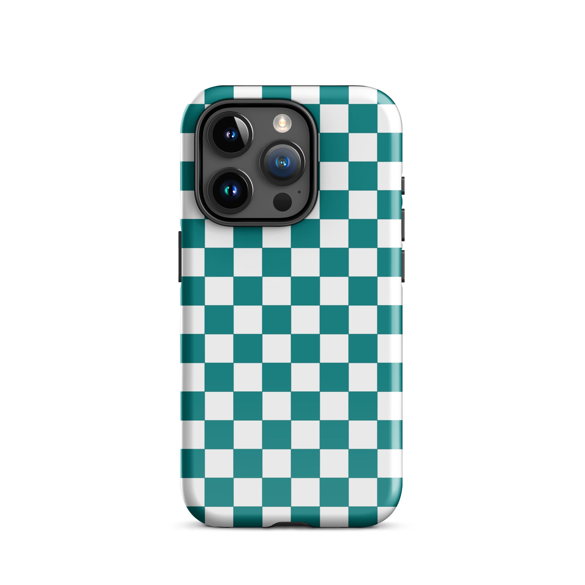 Phone Case with teal and white checkered design for iPhone, adding a bold and playful style to your everyday look.