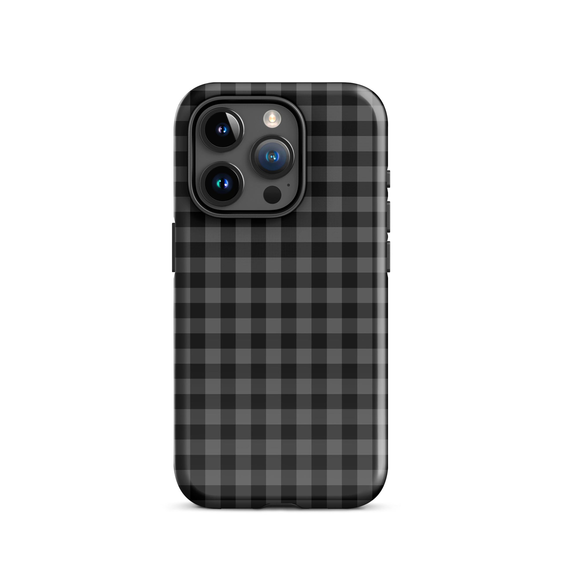 Phone Case for iPhone with modern black‑and‑charcoal gingham pattern offering stylish protection and upscale craftsmanship.