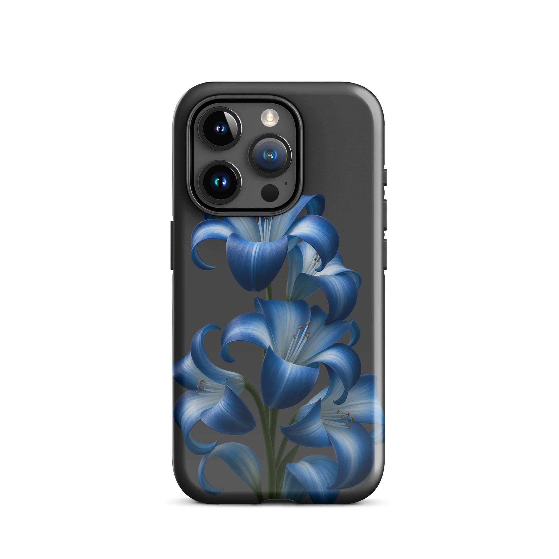 Phone Case for iPhone featuring blue lily bloom art on a dark backdrop for a stylish and protective finish.