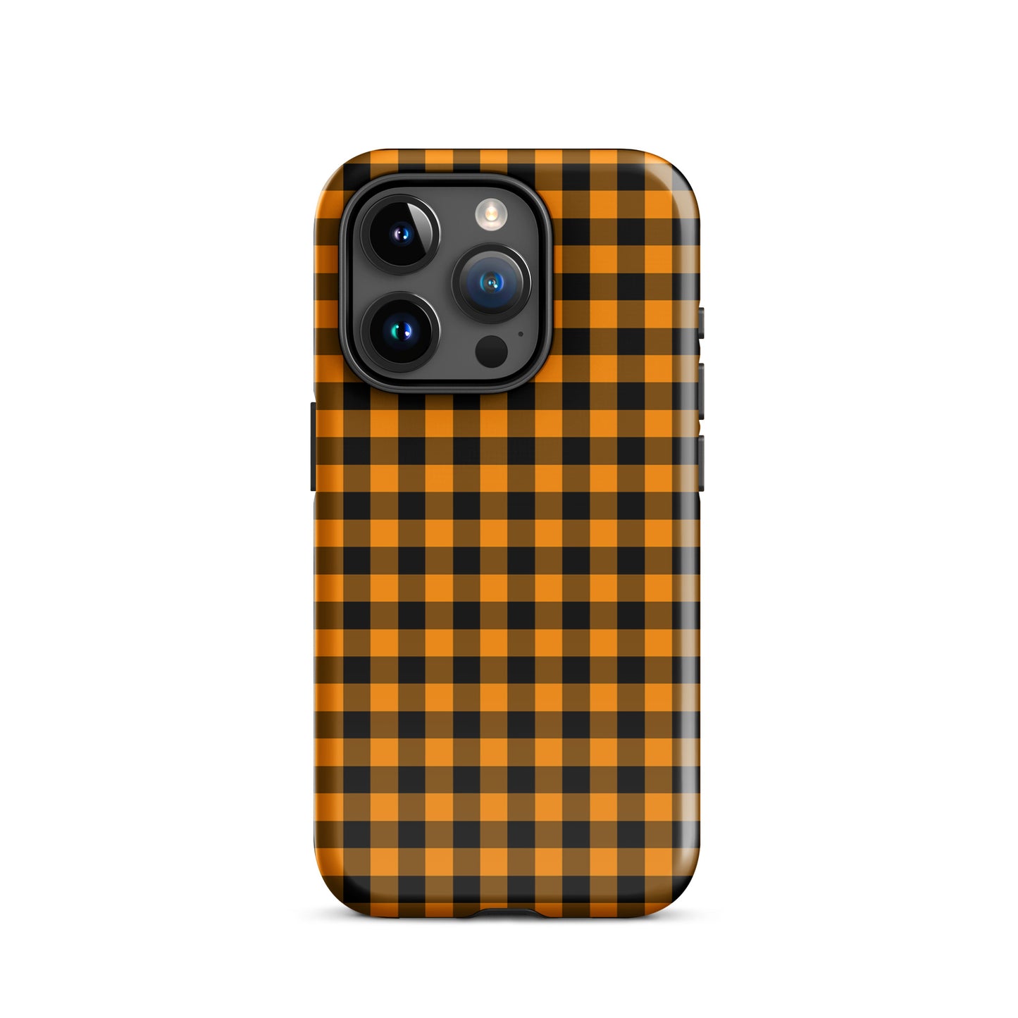 Black-and-orange gingham Autumn theme phone case for iPhone, blending style and durability.