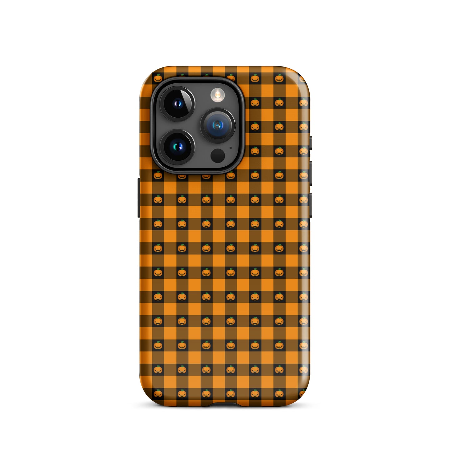 Phone Case for iPhone with playful pumpkin gingham Halloween design featuring jack-o'-lantern faces on a bold checkered pattern.