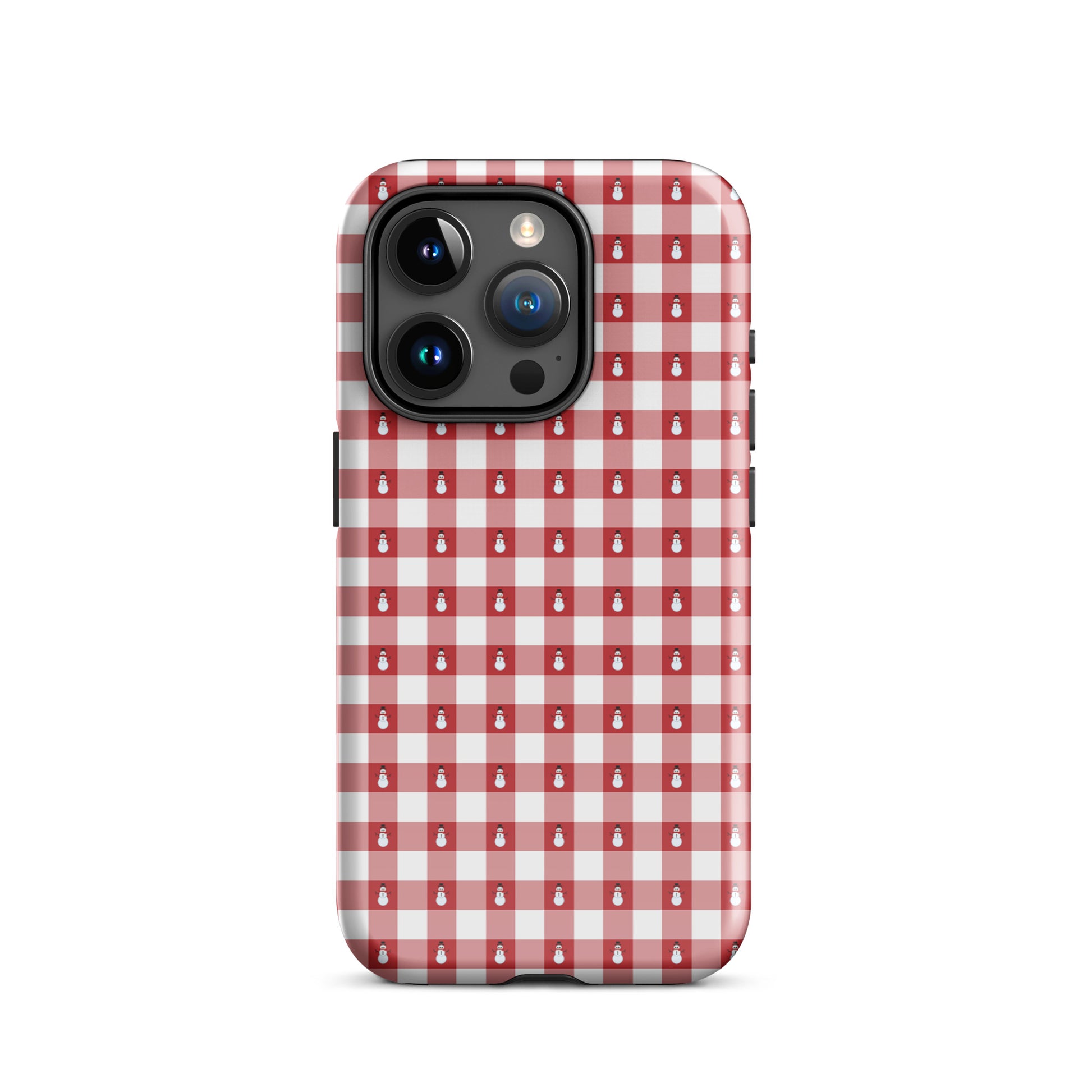 Phone Case for iPhone with snowman gingham winter design in red and white, offering festive style and strong protection.