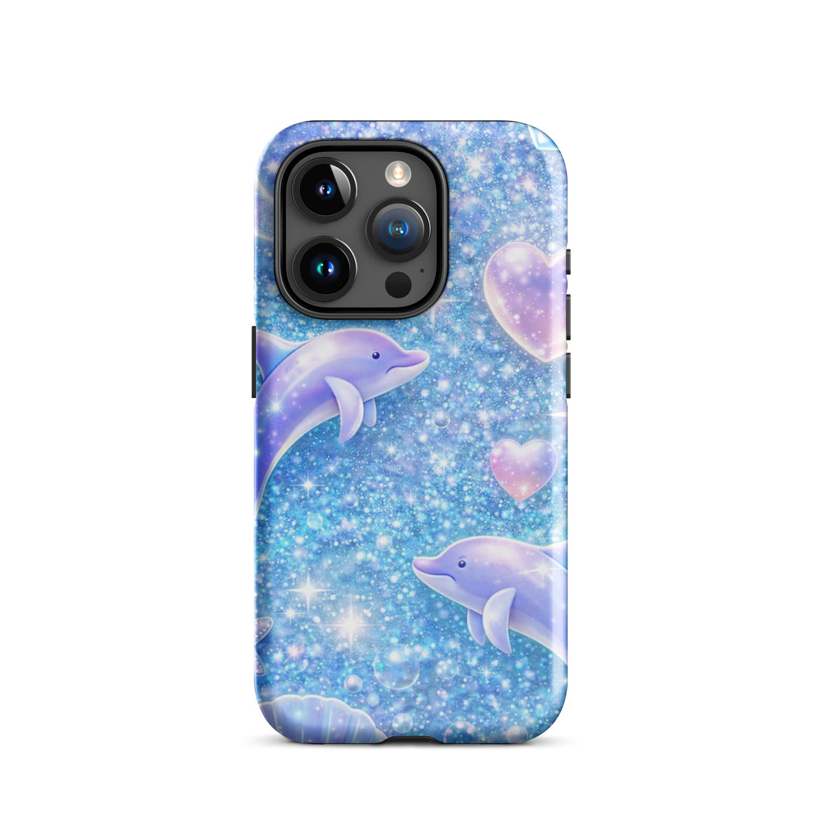 Phone Case for iPhone with ocean glitter dolphins and moonlit shell fantasy design.