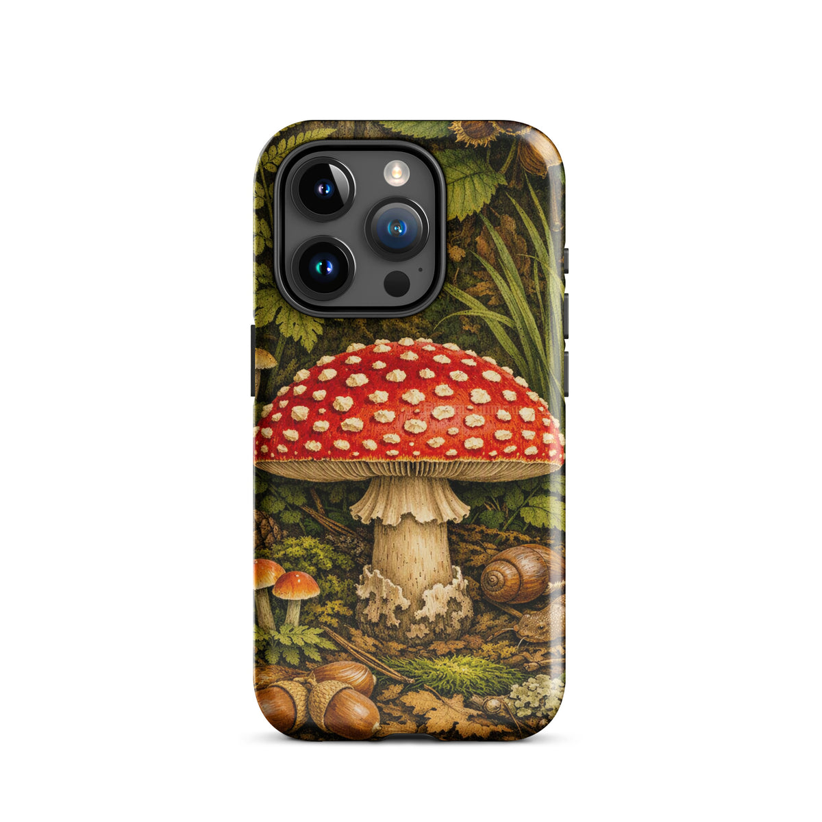 Phone Case featuring Amanita muscaria mushroom design in a lush forest setting for iPhone.