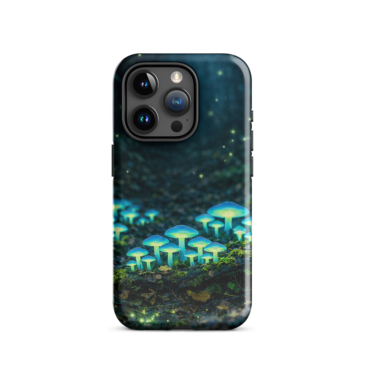 Phone Case featuring glowing forest mushrooms with an ethereal blue-green glow, designed for iPhone, magical and mystical woodland theme.