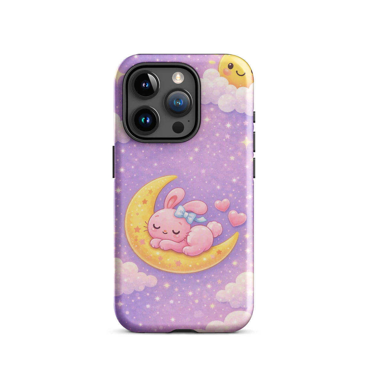 Phone Case with dreamy bunny sleeping on crescent moon, purple sky with stars.