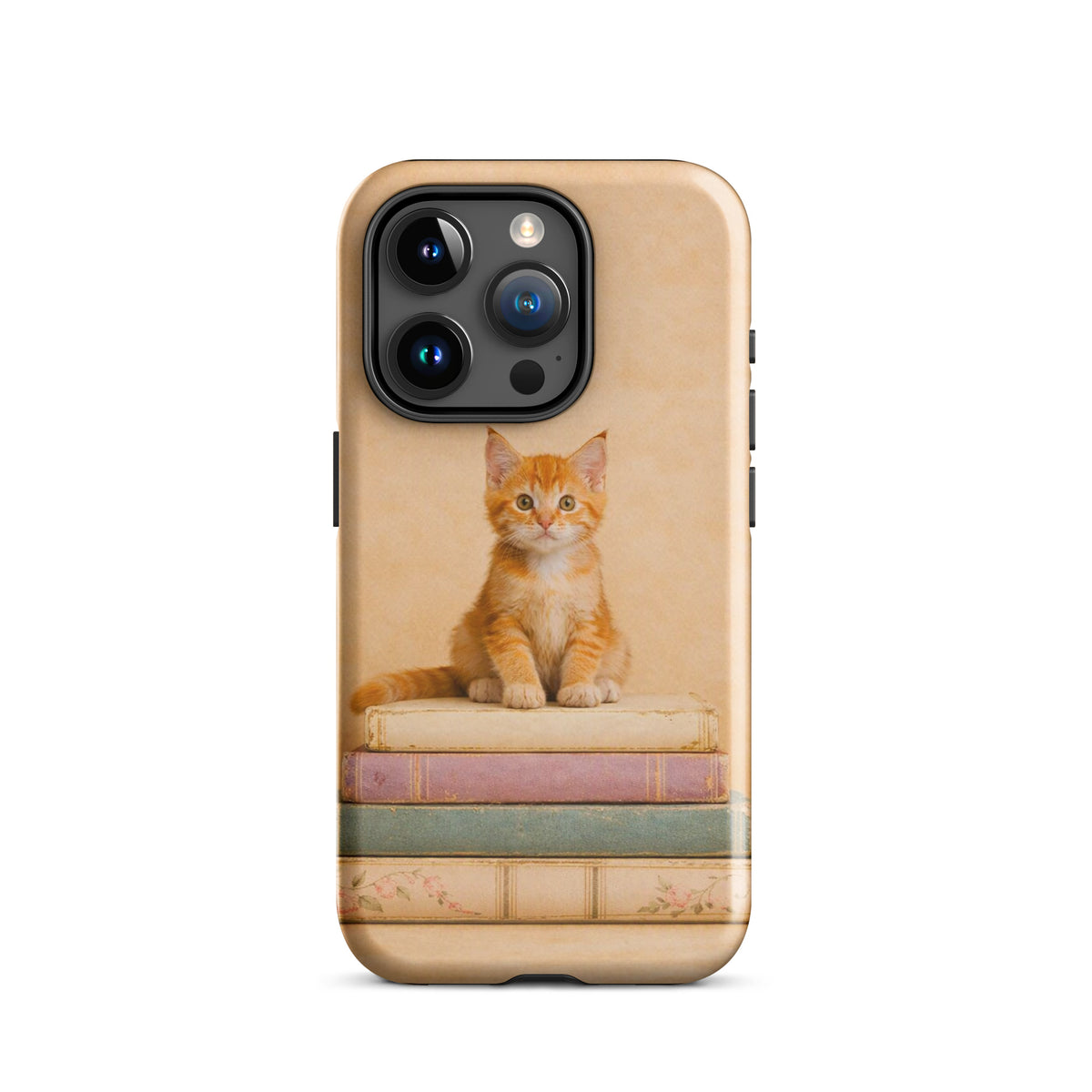 Phone Case with cozy kitten and vintage books design for iPhone, featuring an orange tabby kitten on pastel books, model xx219.