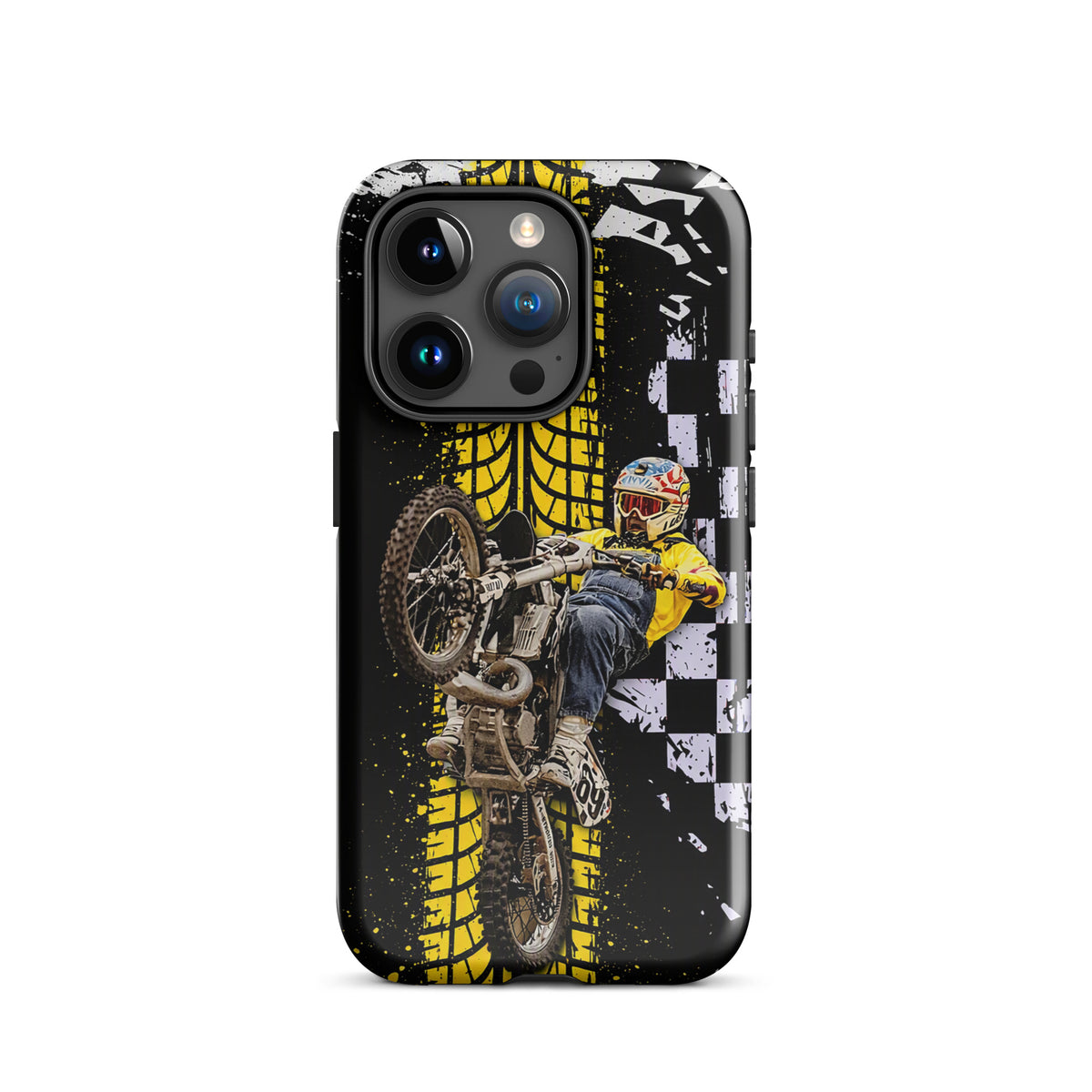 Phone Case for iPhone featuring Ronnie Mac air-wheelie with gritty black, white, and yellow design, checkerboard and tire pattern.