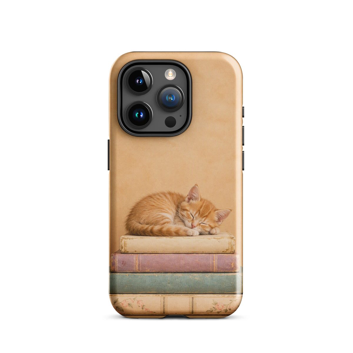Phone Case for iPhone featuring a sleeping kitten on vintage books; warm, neutral tones evoke cozy charm.
