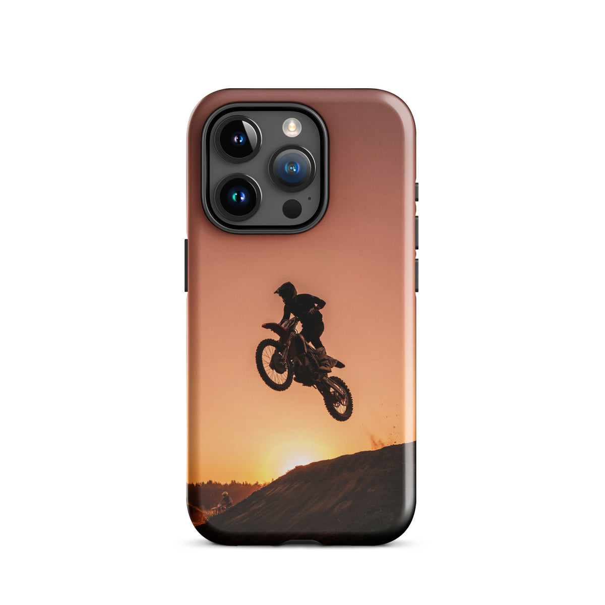 Phone Case for iPhone with motocross sunset dirt bike design, featuring a dramatic jump silhouette against a glowing sunset background.