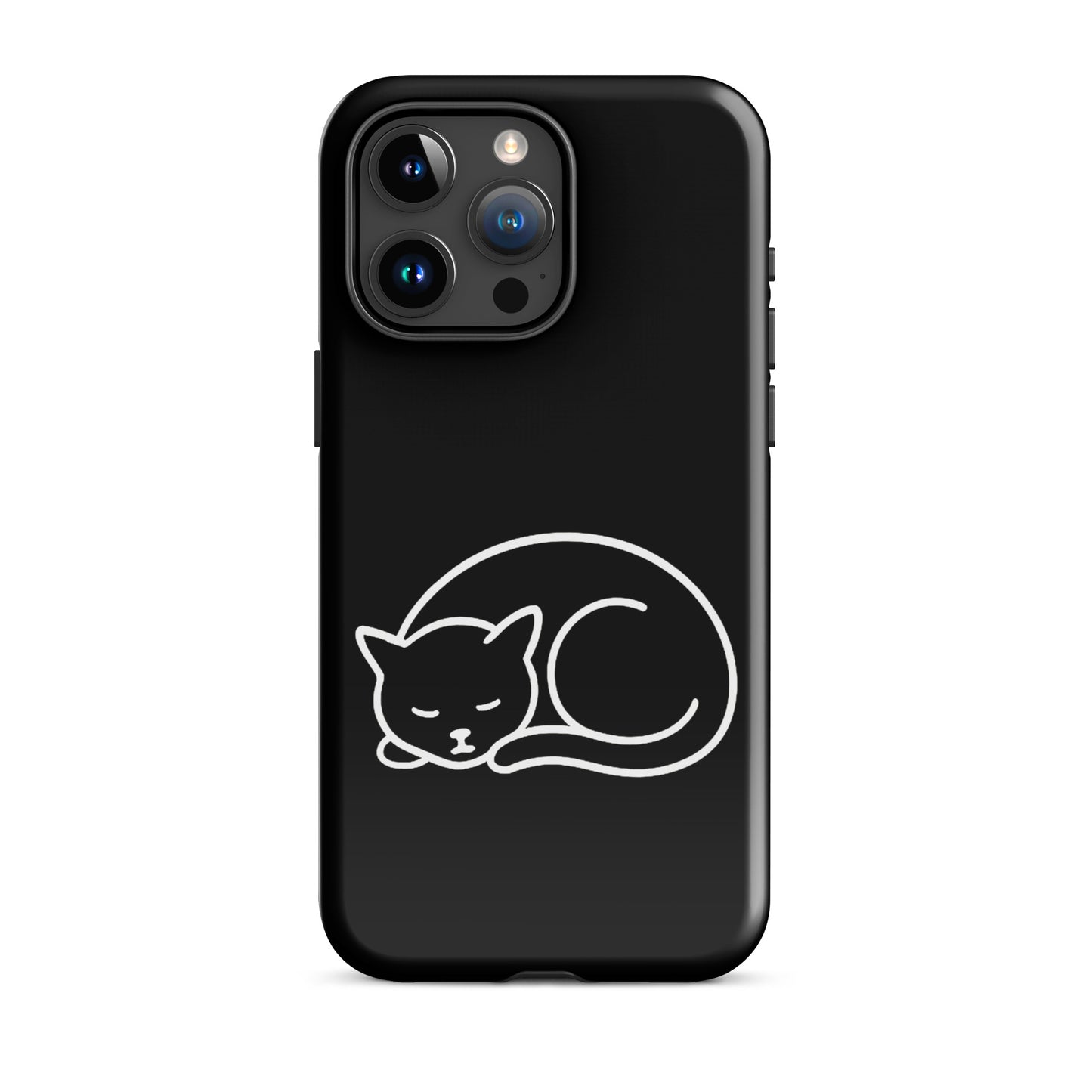 Phone case for iPhone featuring a minimalist curled-up cat design on a sleek black background.