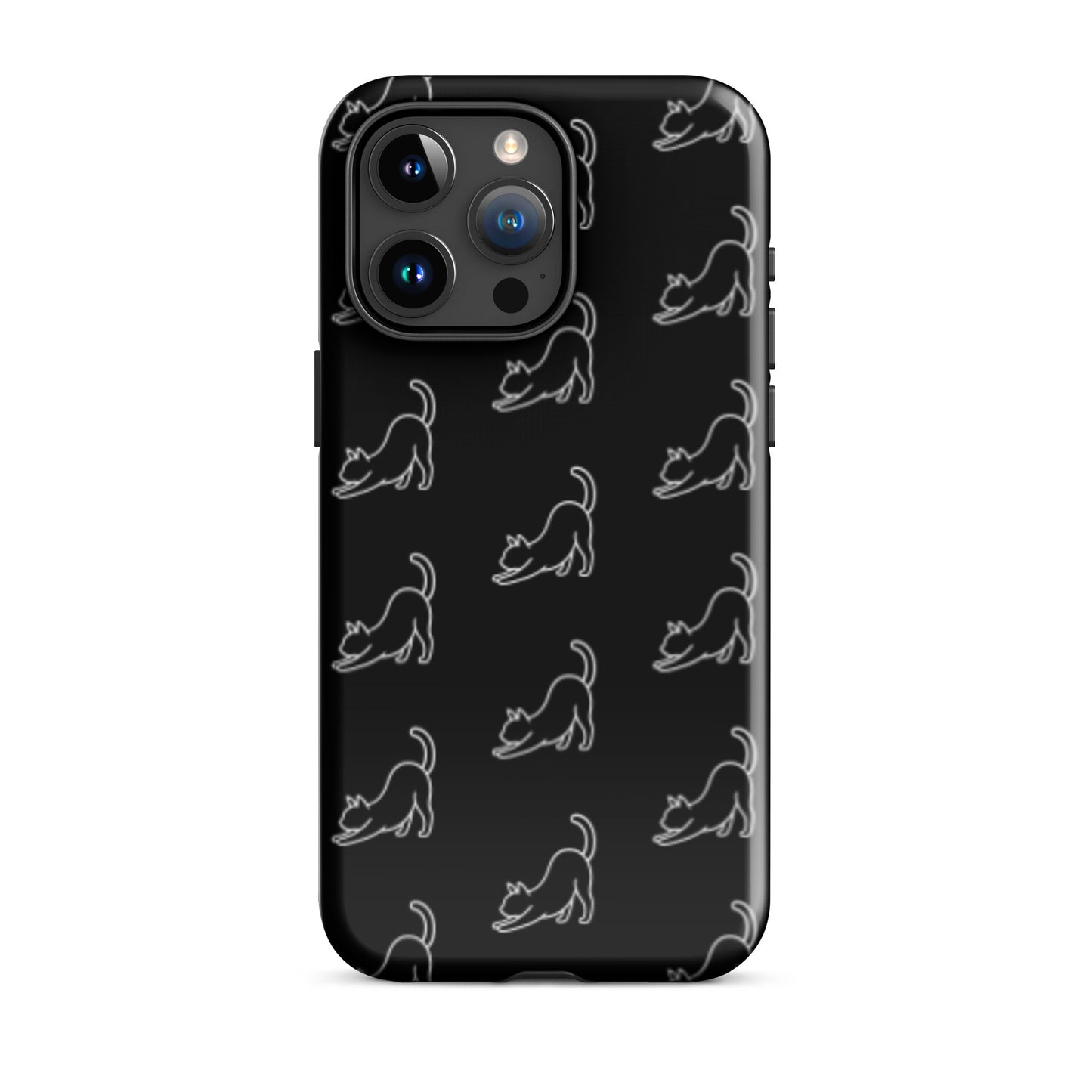 Phone Case featuring a minimalist stretching cat pattern on a sleek black background, ideal for cat lovers.