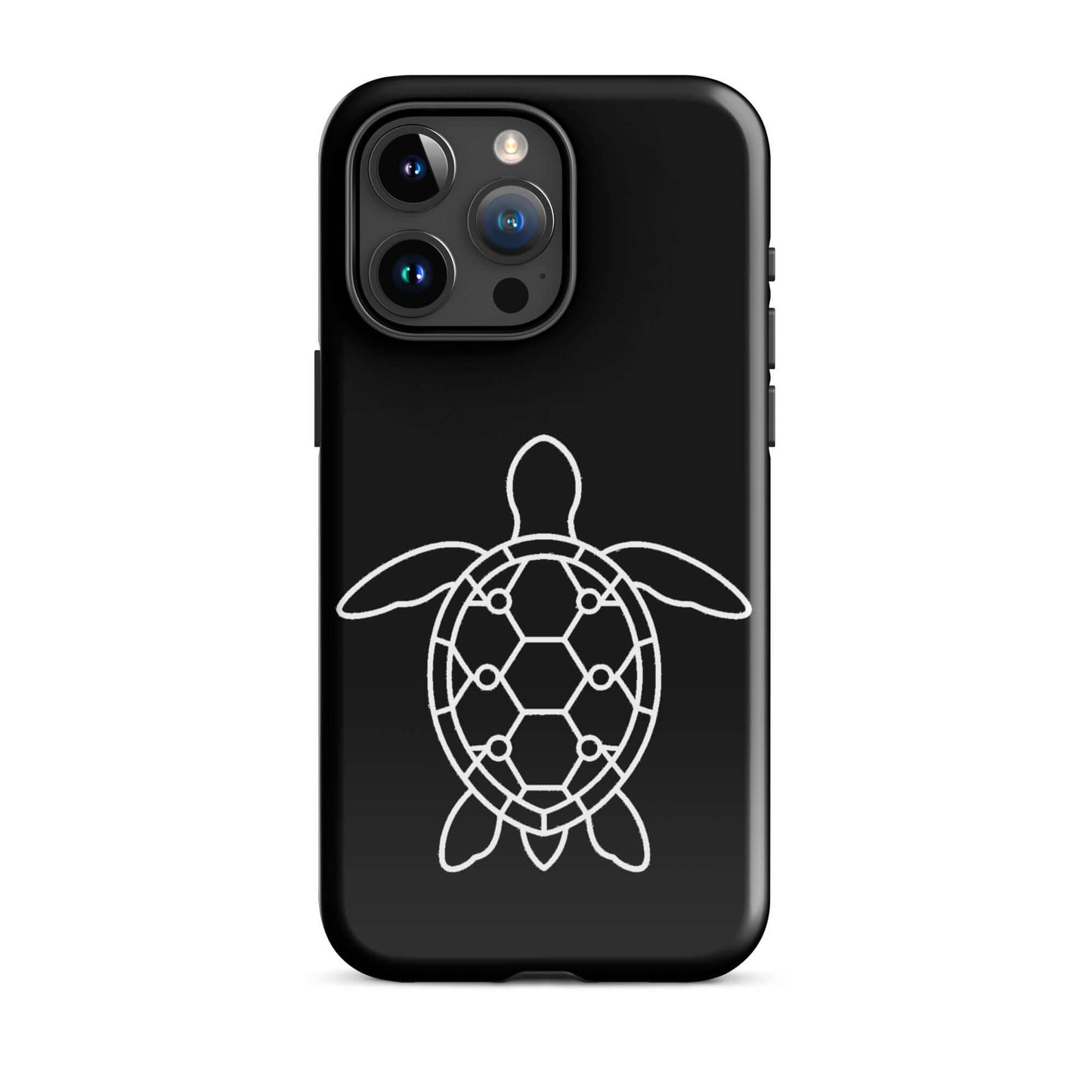 Phone case featuring a minimalist sea turtle silhouette with geometric pattern on a sleek black background.