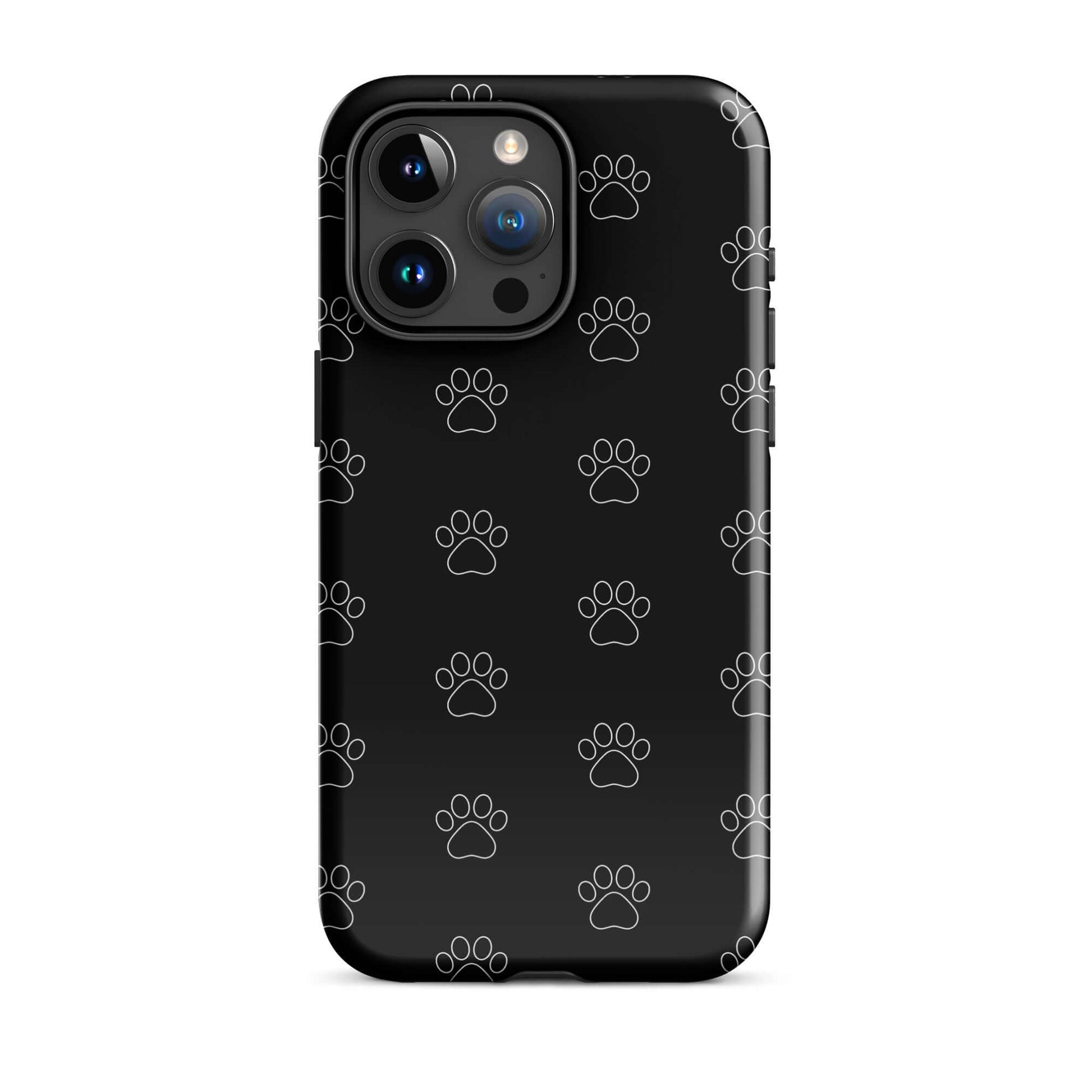 Phone Case for iPhone featuring an all-over paw print pattern on a black background.
