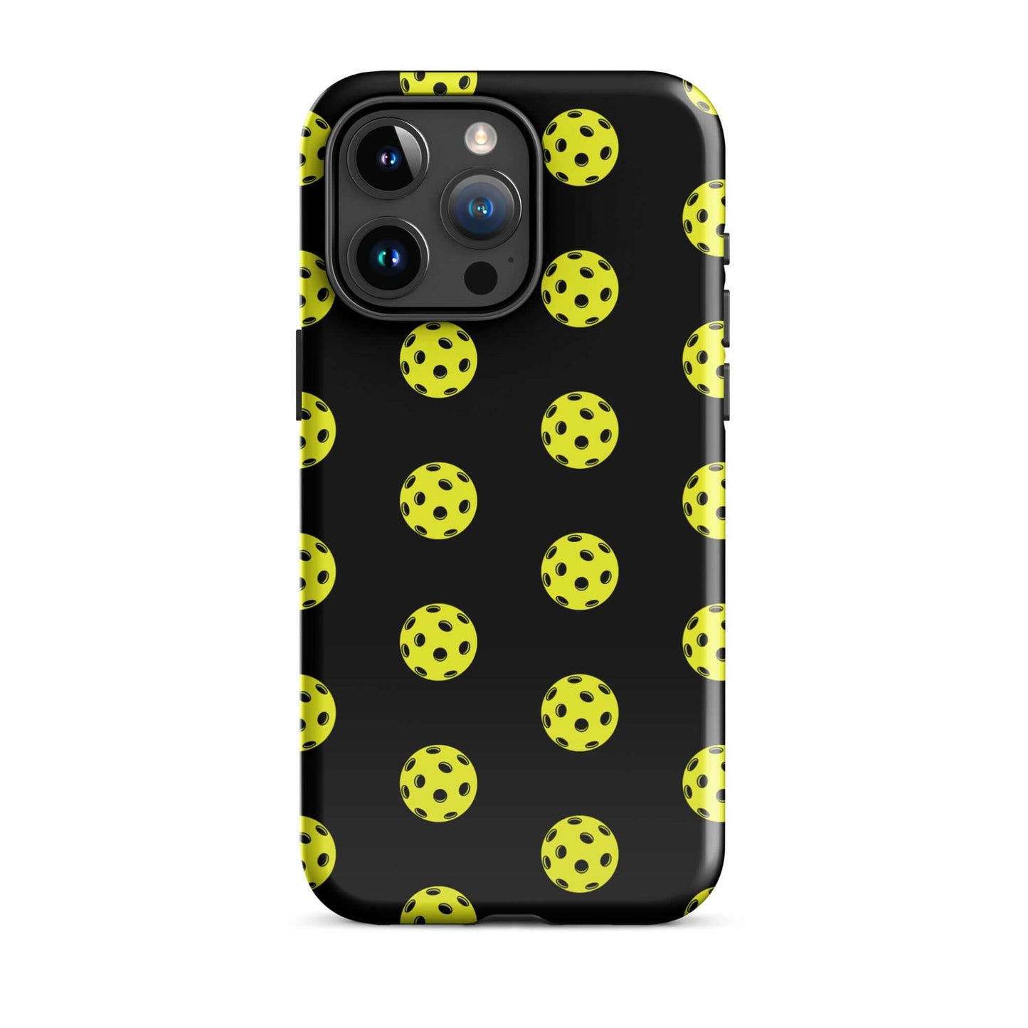 Phone Case for iPhone featuring a playful pickleball pattern in yellow on a black background.