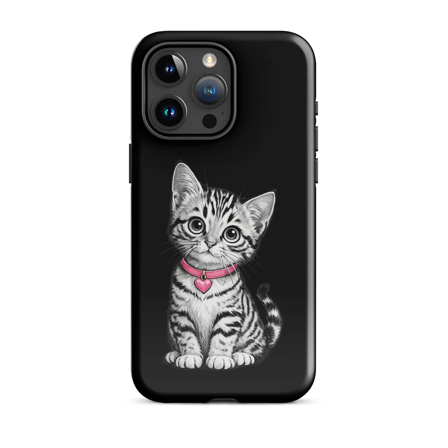 Phone Case for iPhone with pencil sketch kitten and pink heart charm, featuring black-and-white design and elegant feline artistry.