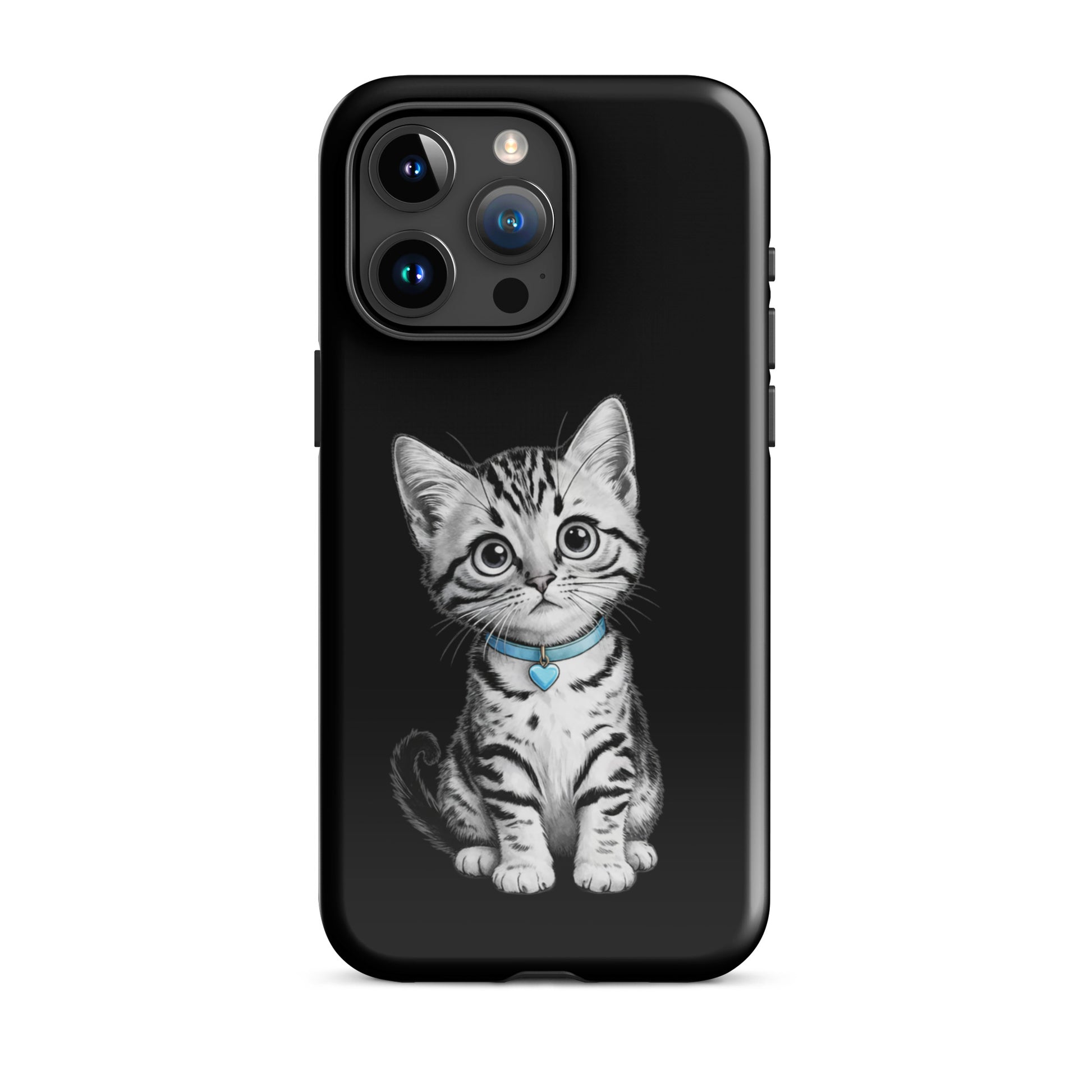 Phone Case for iPhone with kitten sketch and blue heart charm, featuring detailed black-and-white pencil art for stylish protection.