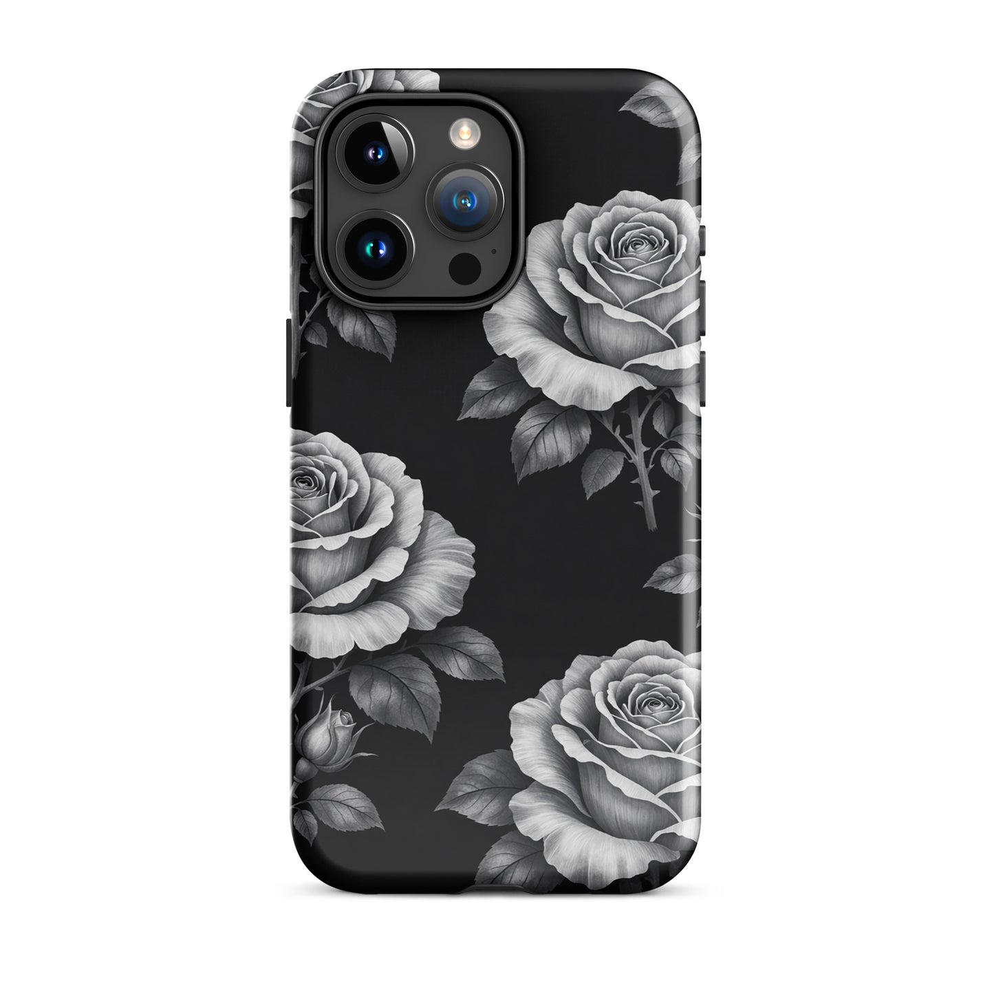 Phone Case for iPhone with rose garden design on black background, featuring hand-sketched roses for a stylish and protective accessory.
