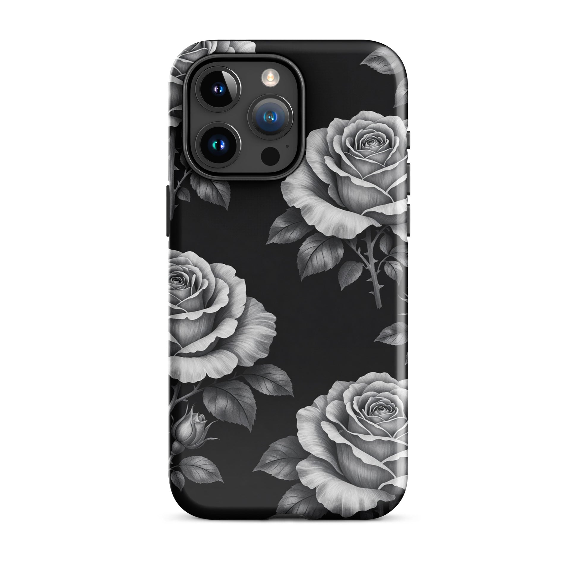 Phone Case for iPhone with rose garden design on black background, featuring hand-sketched roses for a stylish and protective accessory.