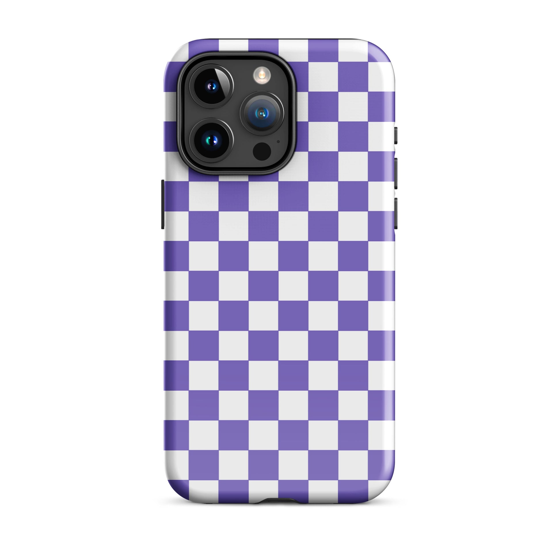 Phone Case for iPhone with purple and white checkered pattern showcasing stylish design.