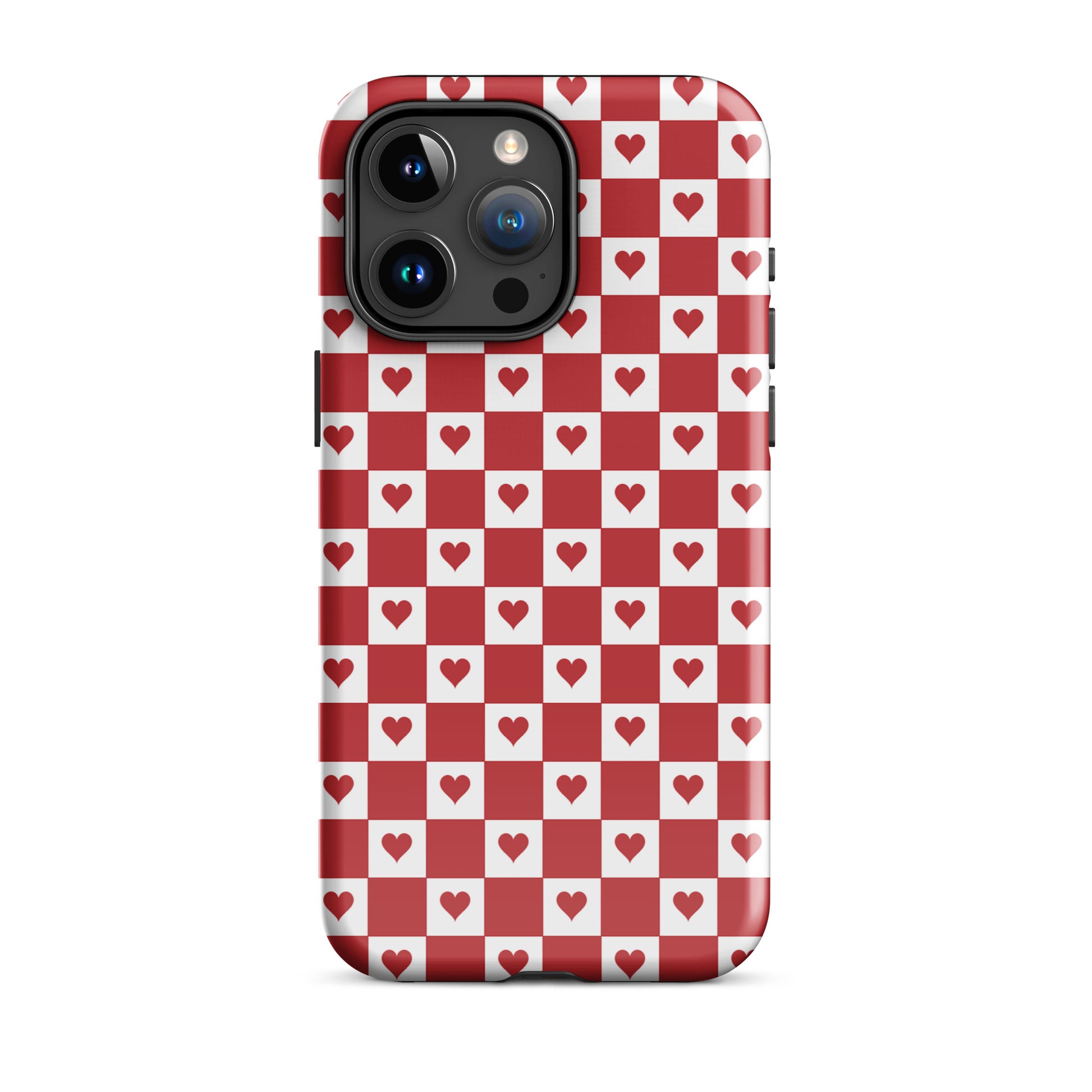 Phone Case with red heart checkered design, cute and playful for iPhone.