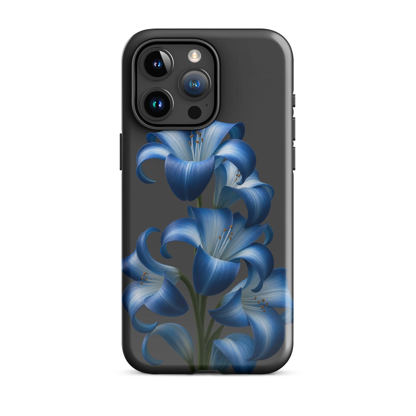 Phone Case for iPhone featuring blue lily bloom art with tough finish on a dark background