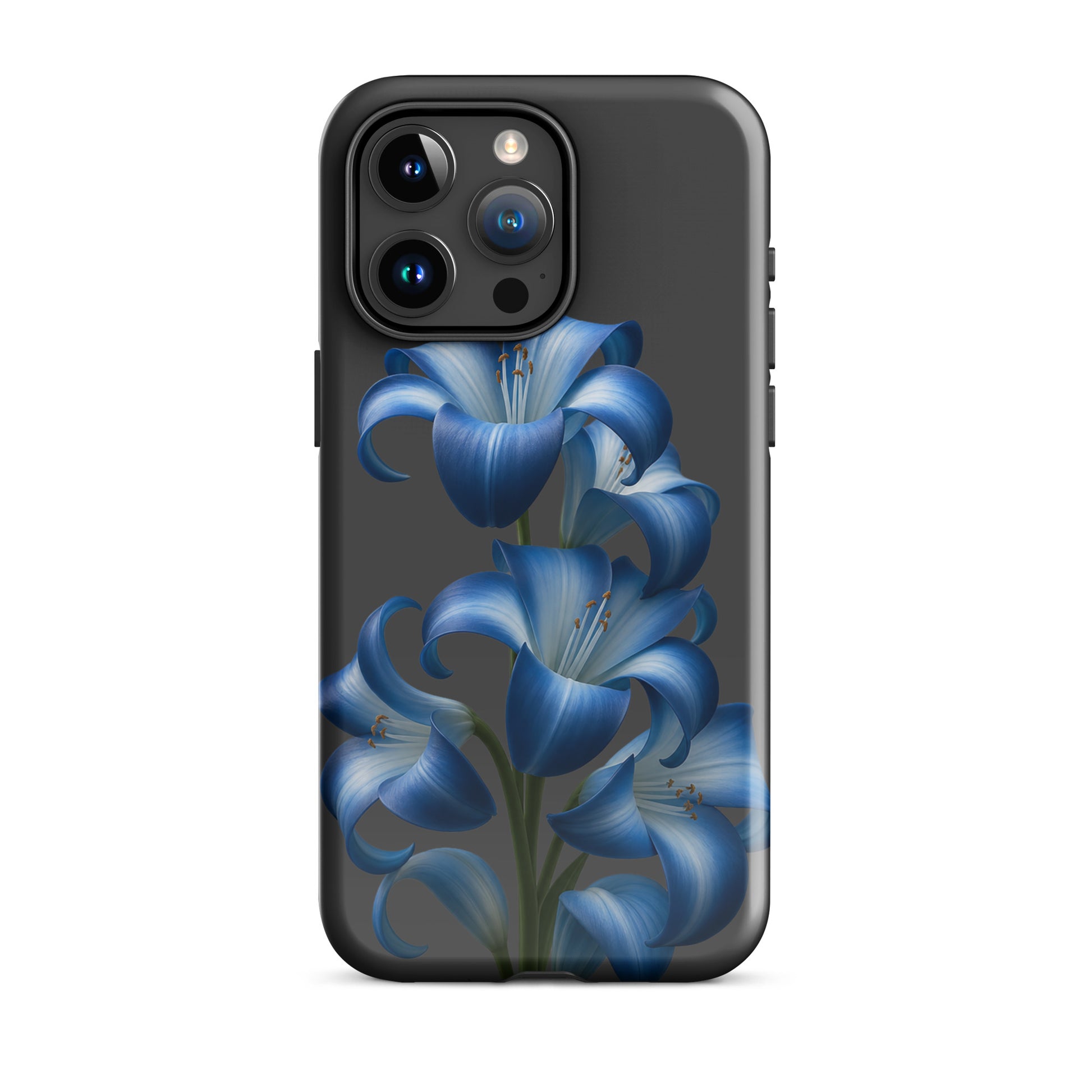 Phone Case for iPhone featuring blue lily bloom art with tough finish on a dark background