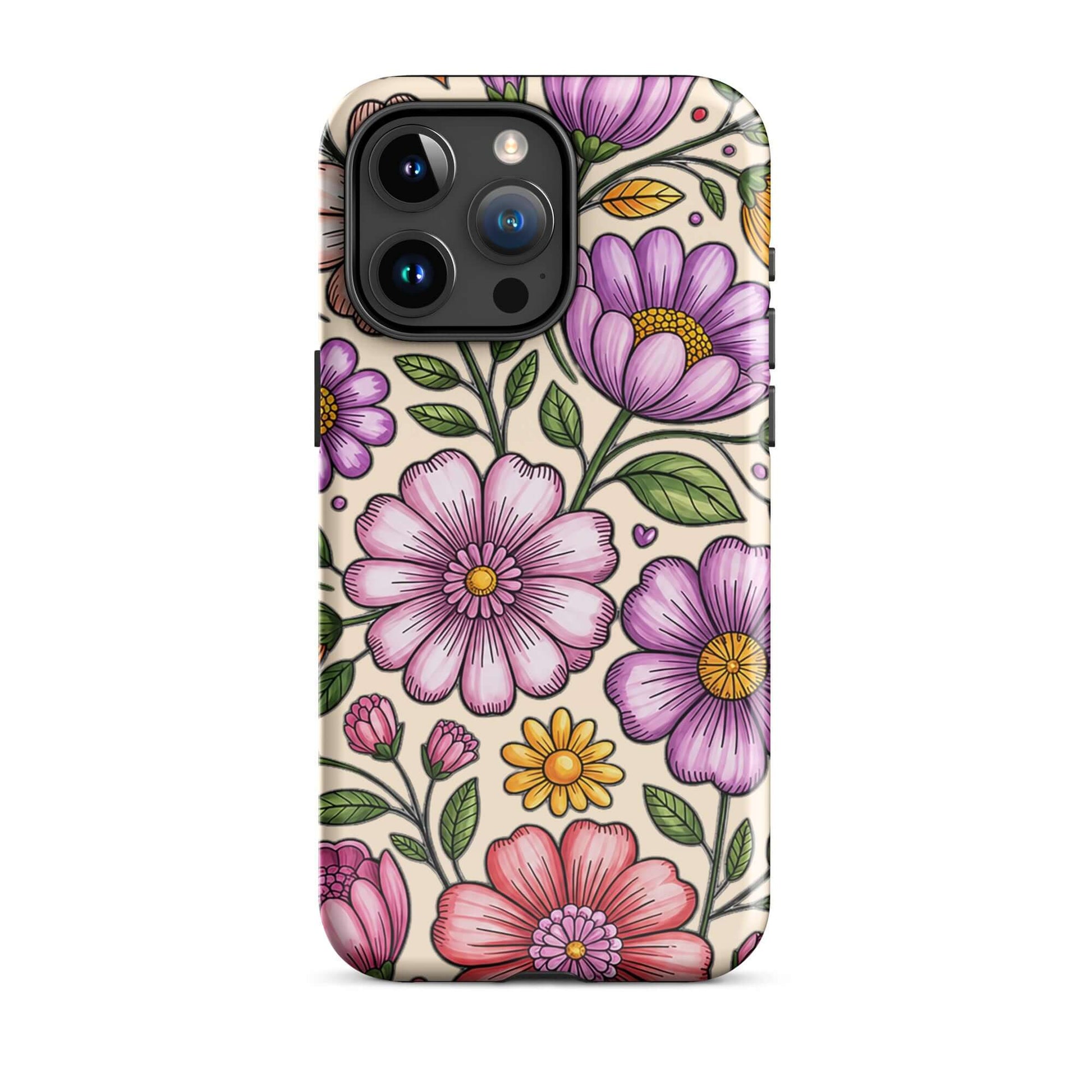 Phone Case for iPhone in pastel floral design with pink, peach, lavender blooms; elegant and durable protection.