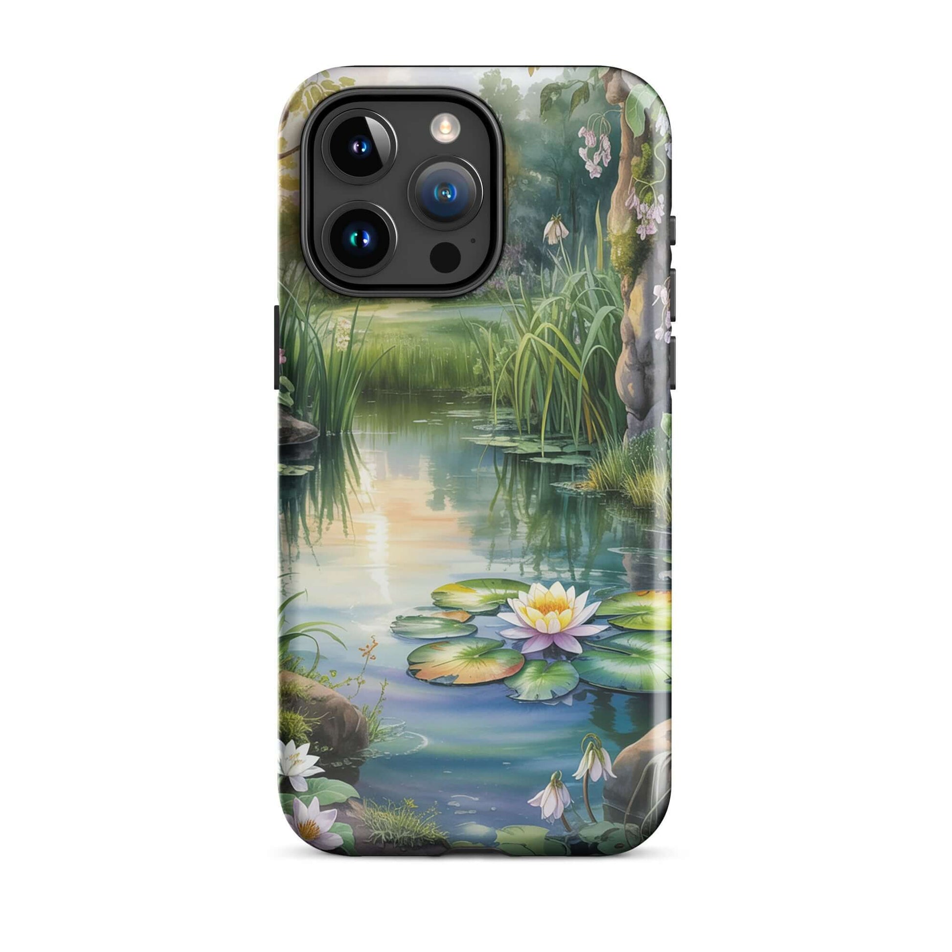 Phone Case for iPhone with enchanting pond design, featuring lily pads and soft sunset colors, offering a storybook charm and tranquility.