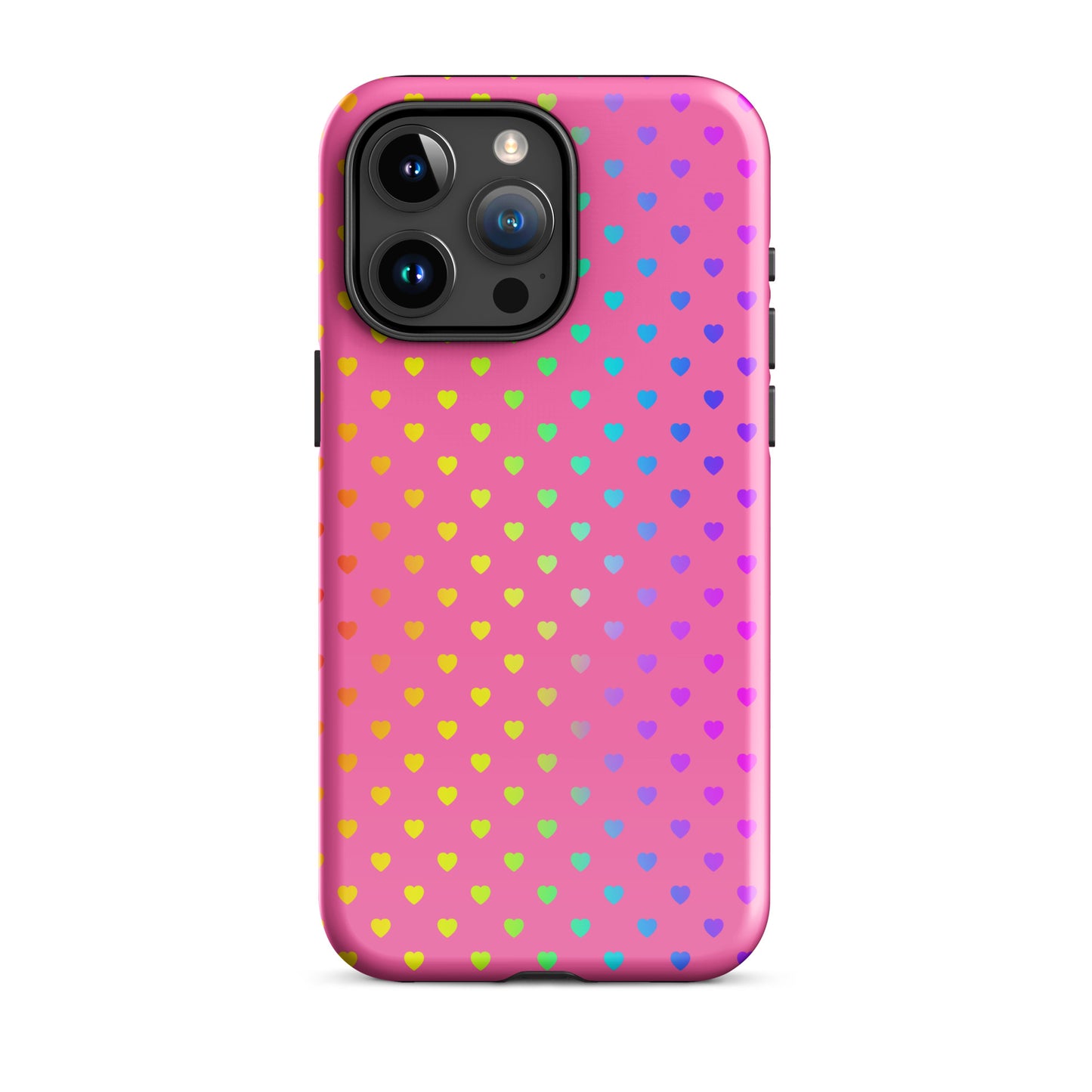 Phone Case for iPhone with colorful rainbow hearts on pink background, dual-layer construction for durability and style.